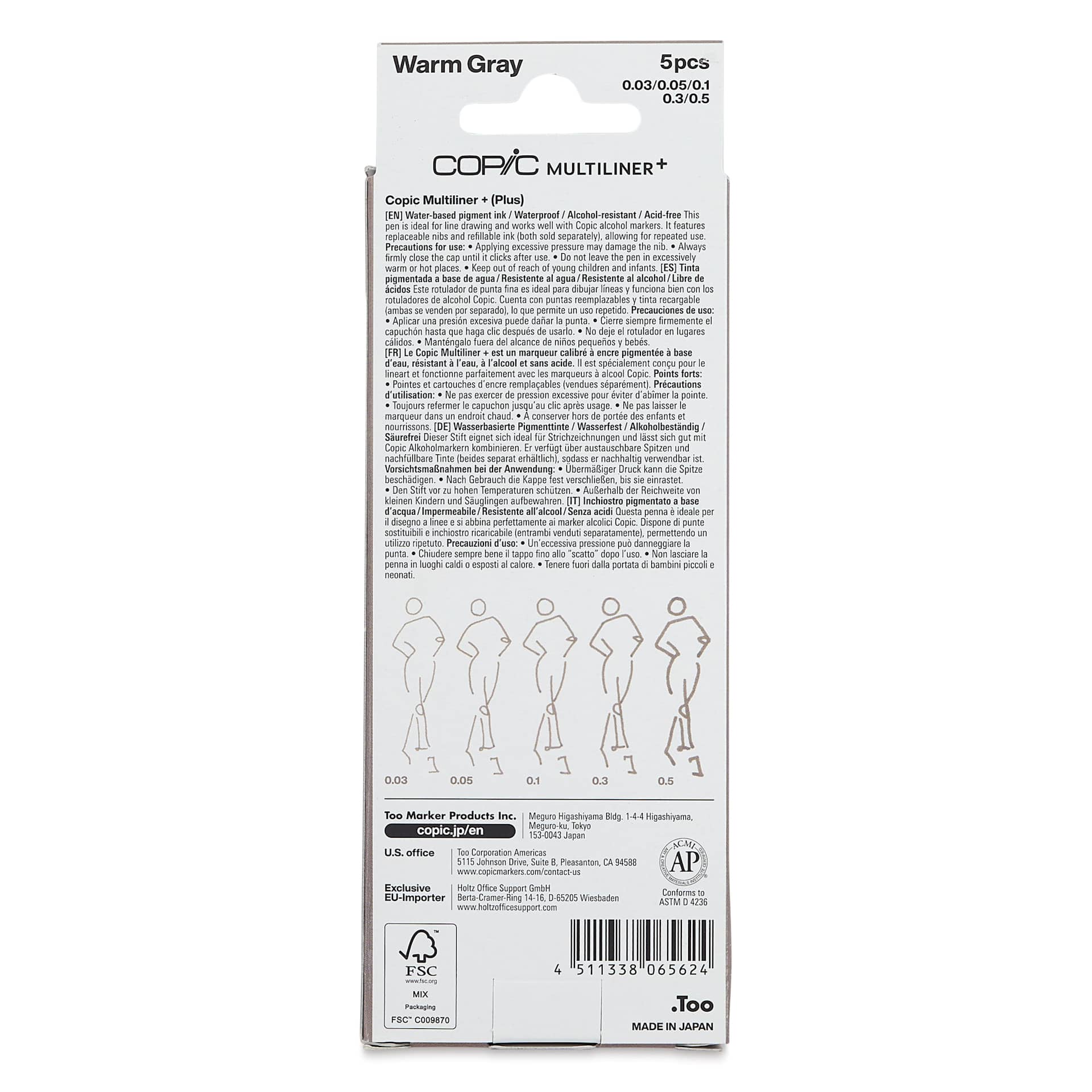 Copic Multiliner Plus Pens - Set of 5, Warm Gray, Assorted Fine Tip, back of packaging