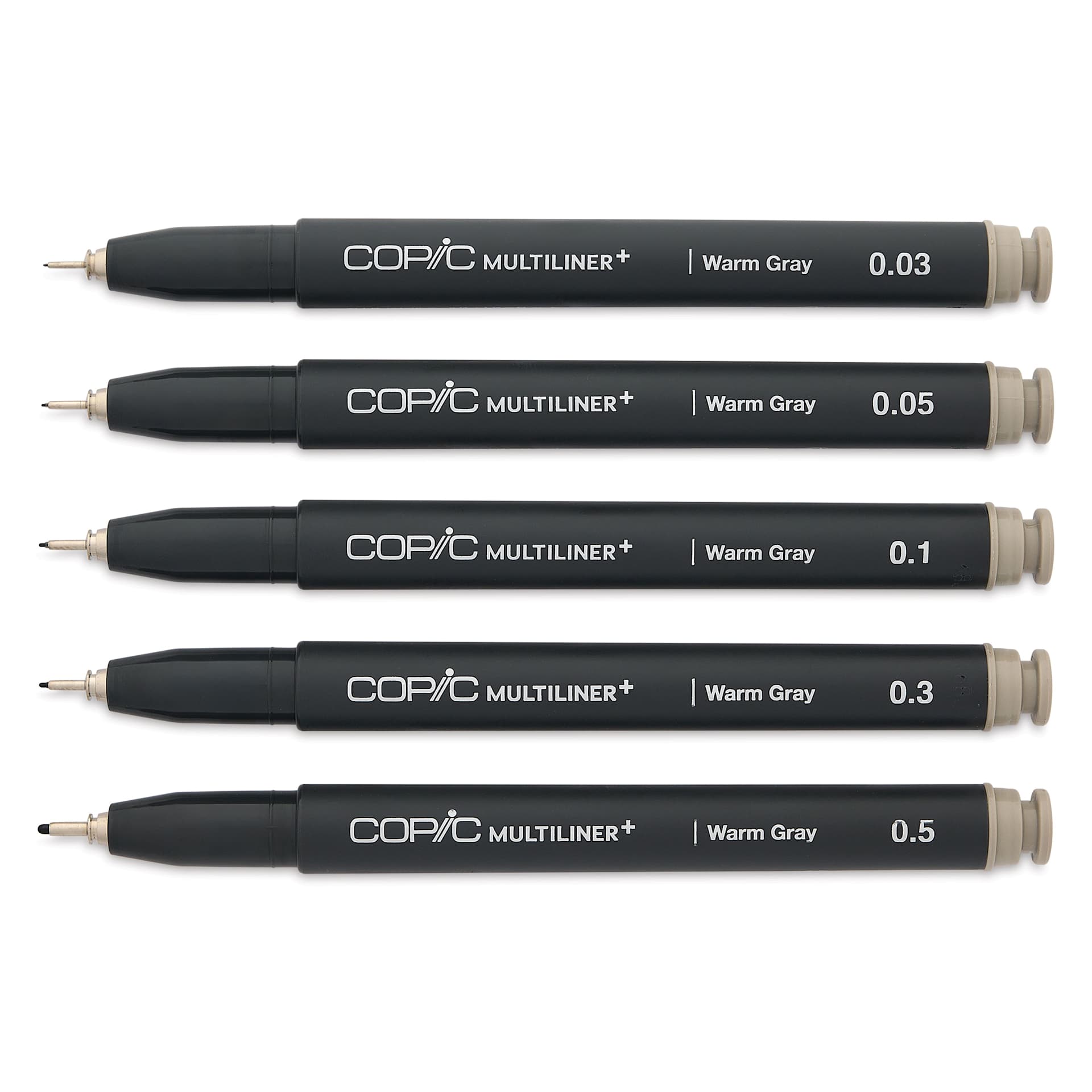 Copic Multiliner Plus Pens - Set of 5, Warm Gray, Assorted Fine Tip, uncapped