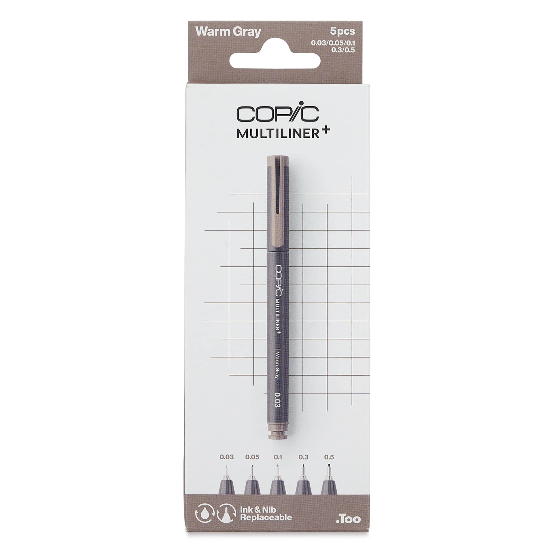 Copic Multiliner Plus Pens - Set of 5, Warm Gray, Assorted Fine Tip, front of packaging