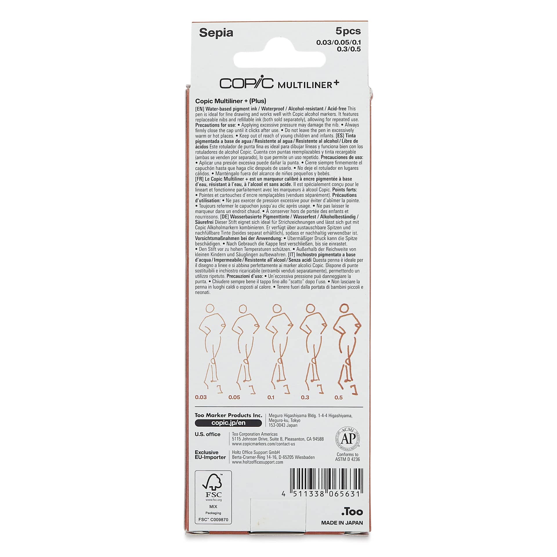 Copic Multiliner Plus Pens - Set of 5, Sepia, Assorted Fine Tip, back of packaging