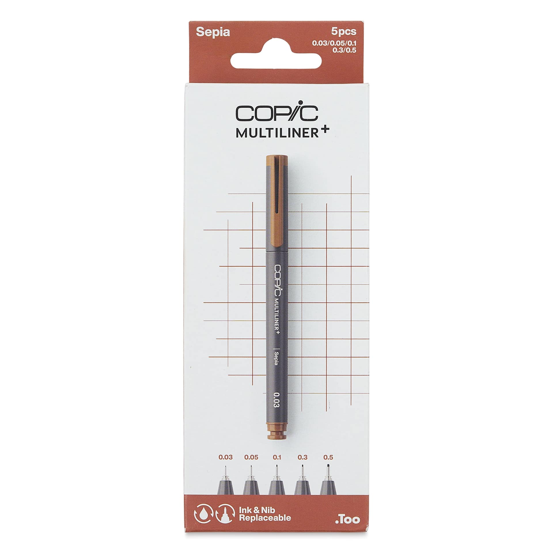Copic Multiliner Plus Pens - Set of 5, Sepia, Assorted Fine Tip, front of packaging
