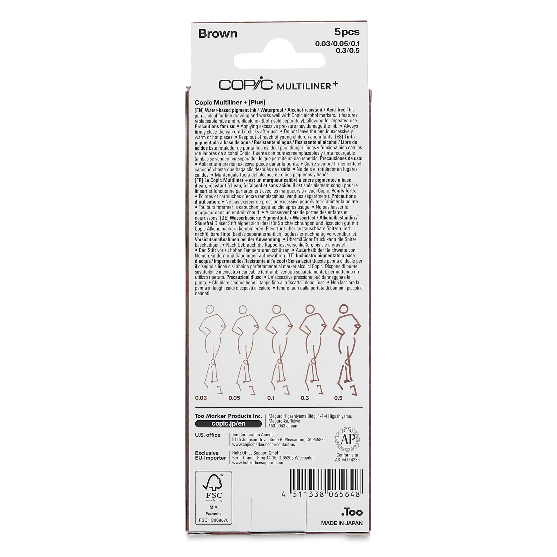 Copic Multiliner Plus Pens - Set of 5, Brown, Assorted Fine Tip, back of packaging