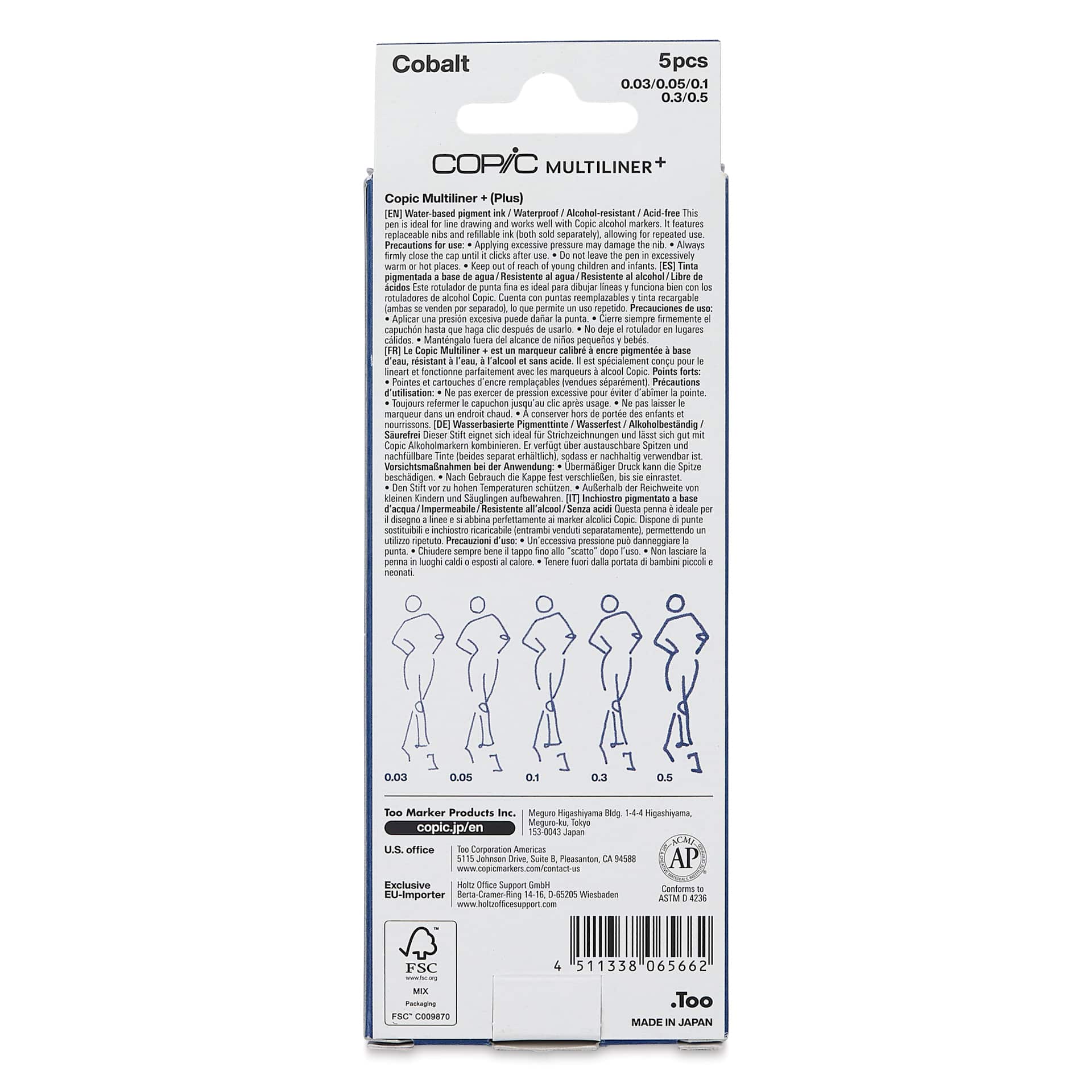 Copic Multiliner Plus Pens - Set of 5, Cobalt, Assorted Fine Tip, back of packaging