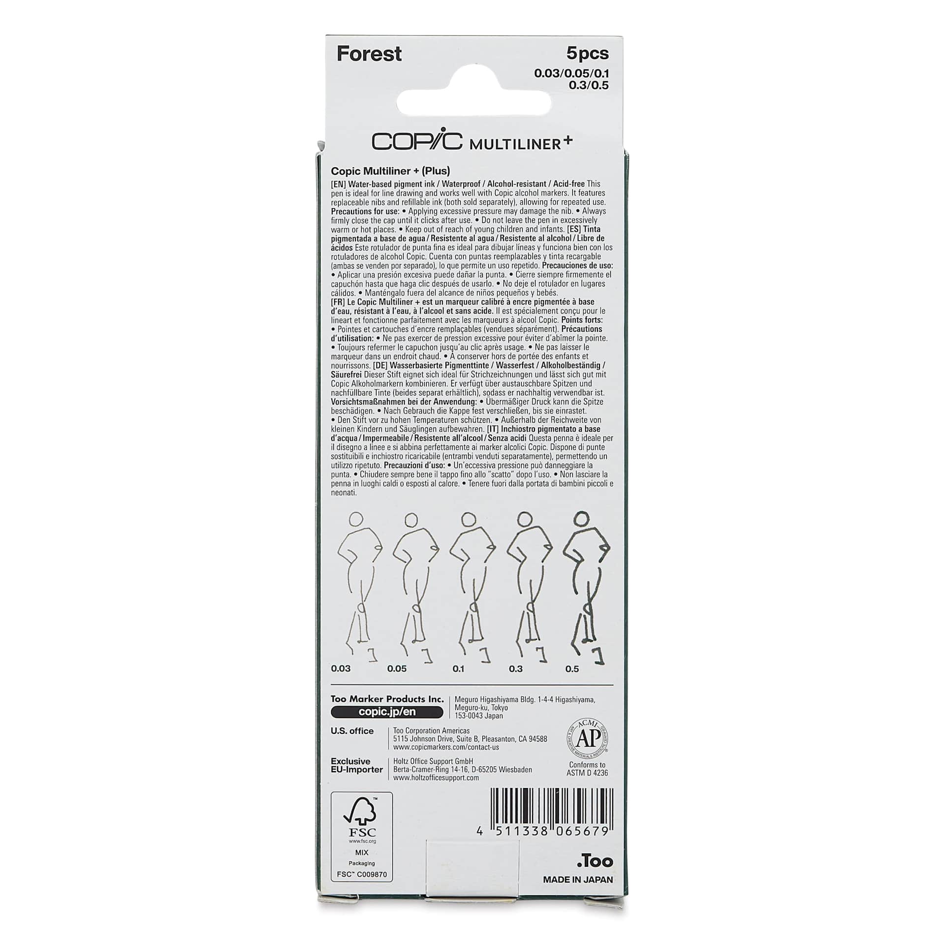 Copic Multiliner Plus Pens - Set of 5, Forest, Assorted Fine Tip, back of packaging