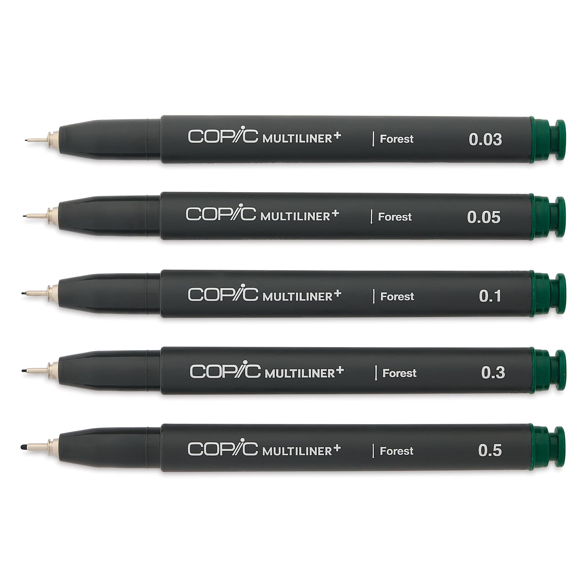 Copic Multiliner Plus Pens - Set of 5, Forest, Assorted Fine Tip, uncapped