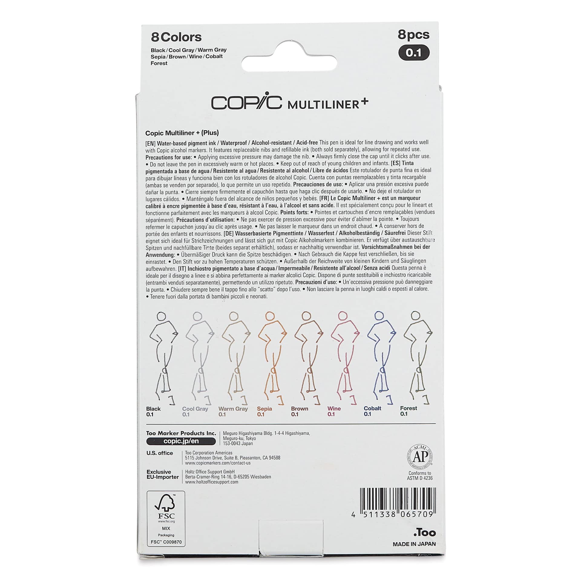 Copic Multiliner Plus Pens - Set of 8, Assorted Colors, 0.3 mm, Fine Tip, back of pacakging