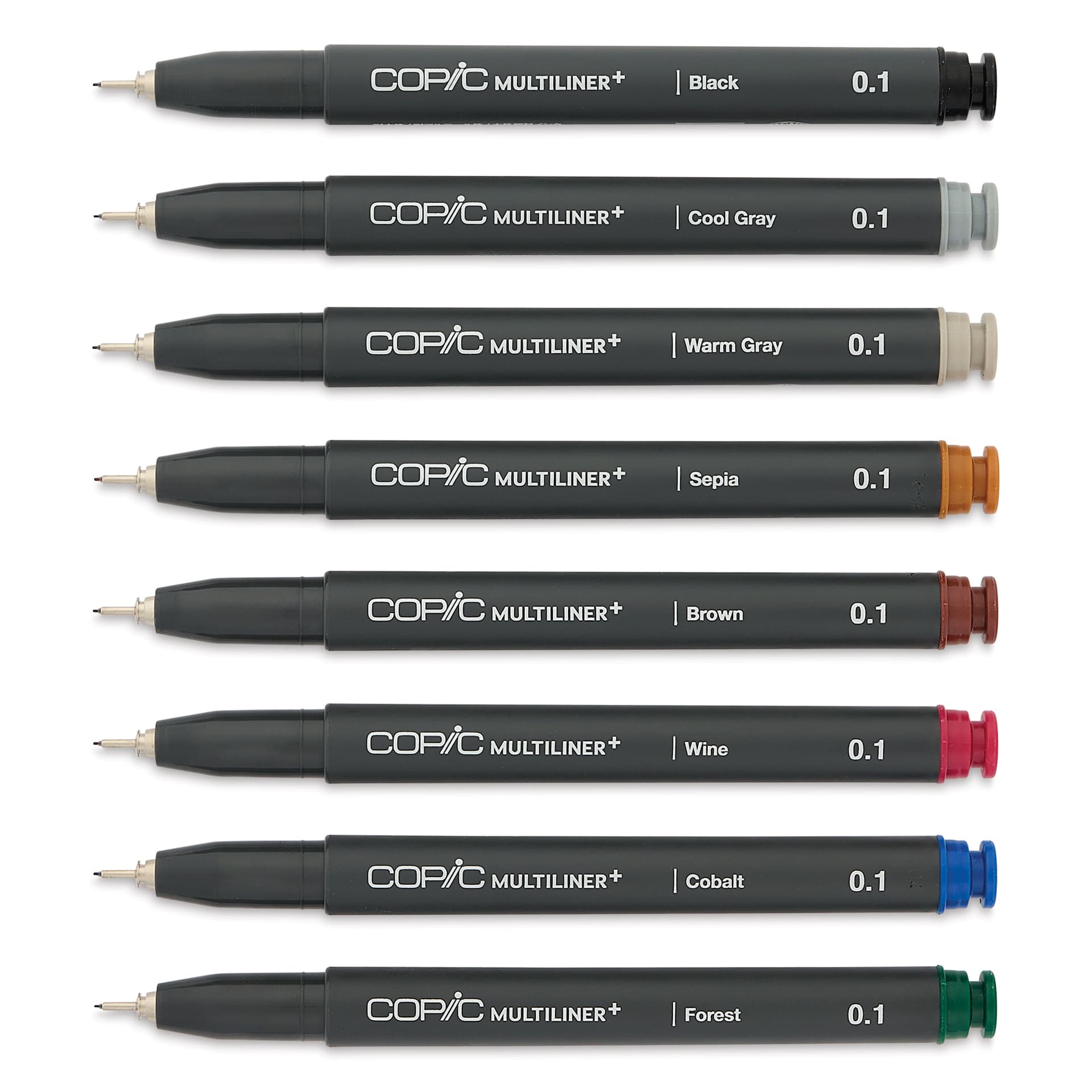 Copic Multiliner Plus Pens - Set of 8, Assorted Colors, 0.3 mm, Fine Tip, uncapped