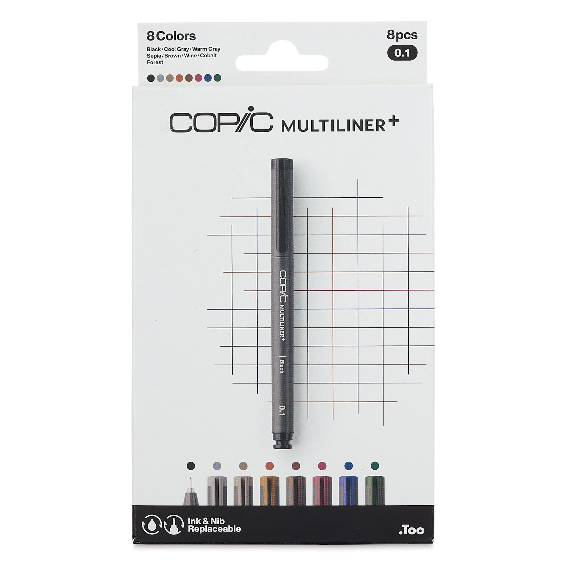 Copic Multiliner Plus Pens - Set of 8, Assorted Colors, 0.3 mm, Fine Tip, front of packaging