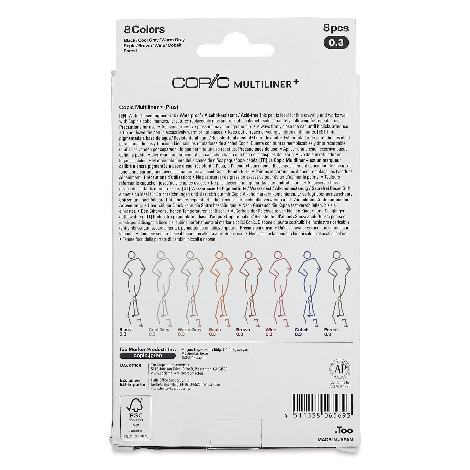 Copic Multiliner Plus Pens - Set of 8, Assorted Colors, 0.1 mm, Fine Tip, back of packaging