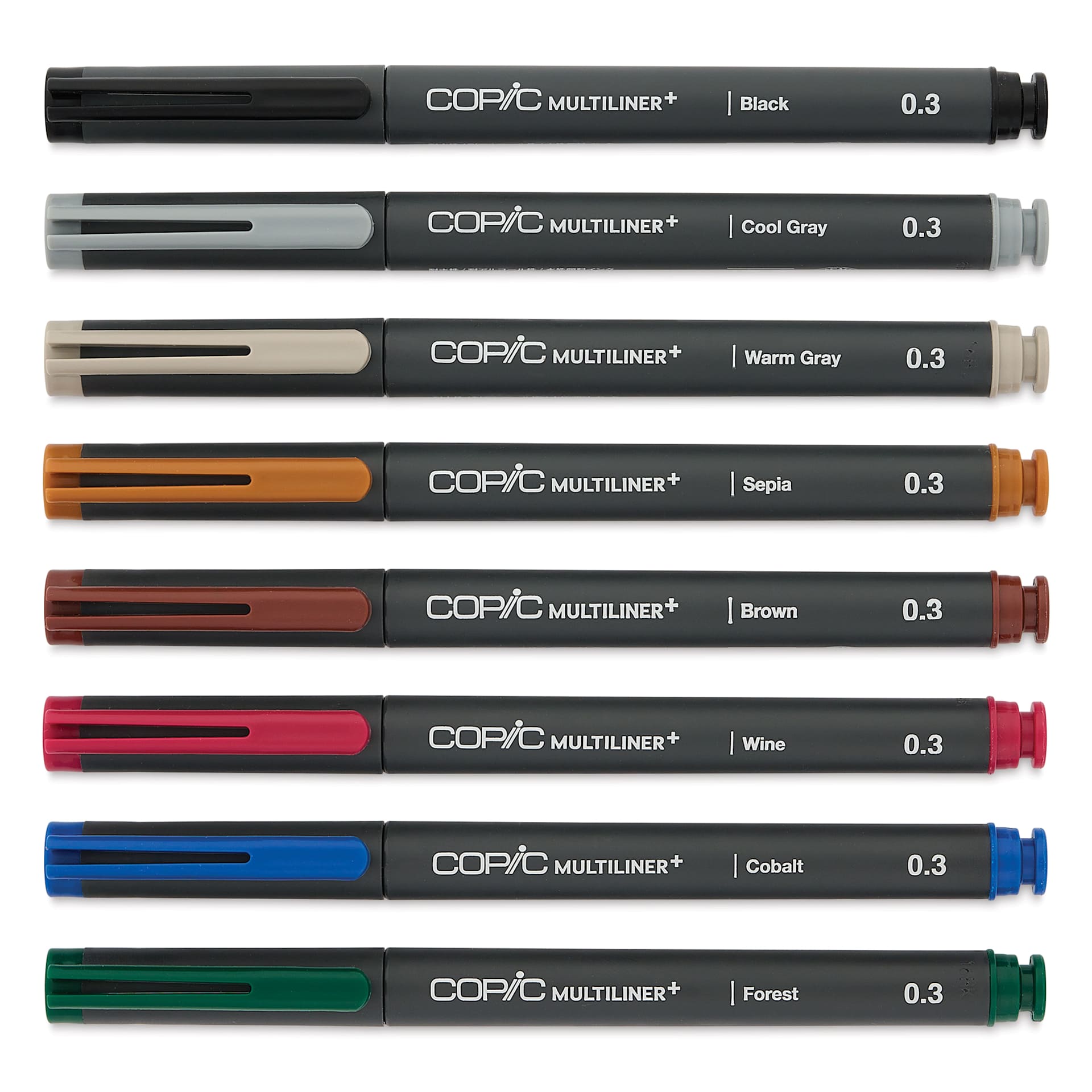 Copic Multiliner Plus Pens - Set of 8, Assorted Colors, 0.1 mm, Fine Tip, capped