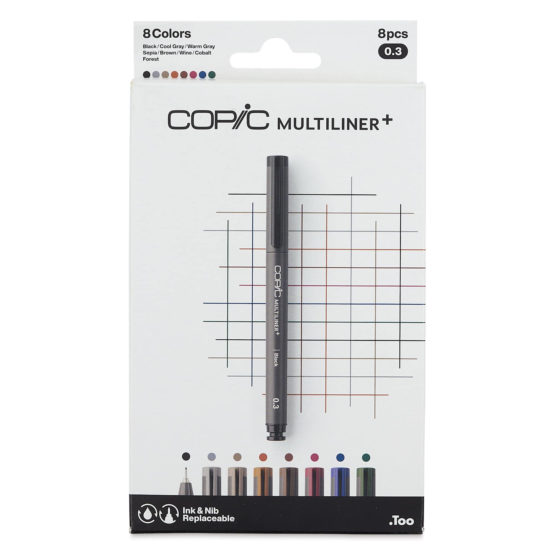 Copic Multiliner Plus Pens - Set of 8, Assorted Colors, 0.1 mm, Fine Tip, front of packaging