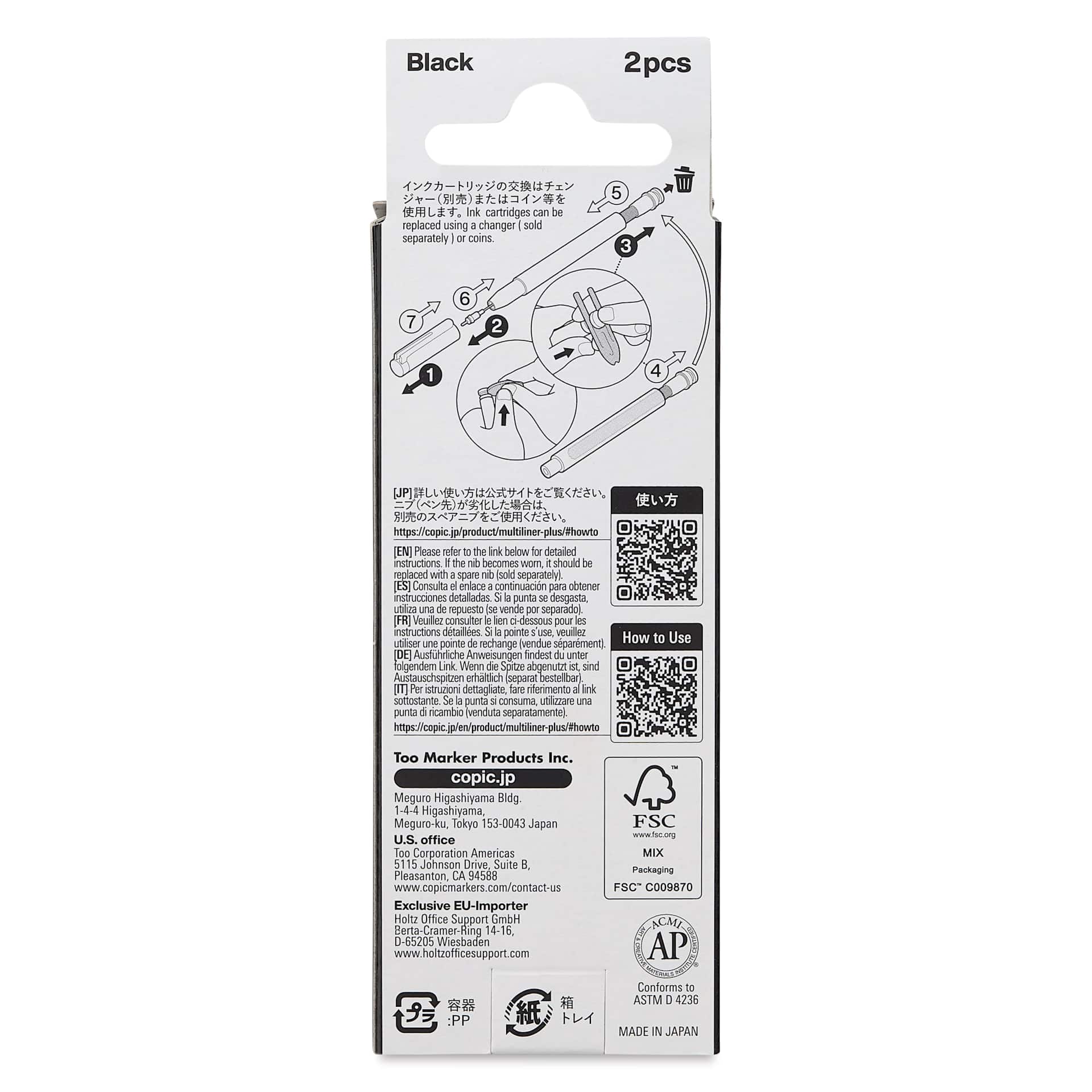 Copic Multiliner Plus Ink Cartridges - Pkg of 2, Black, back of packaging