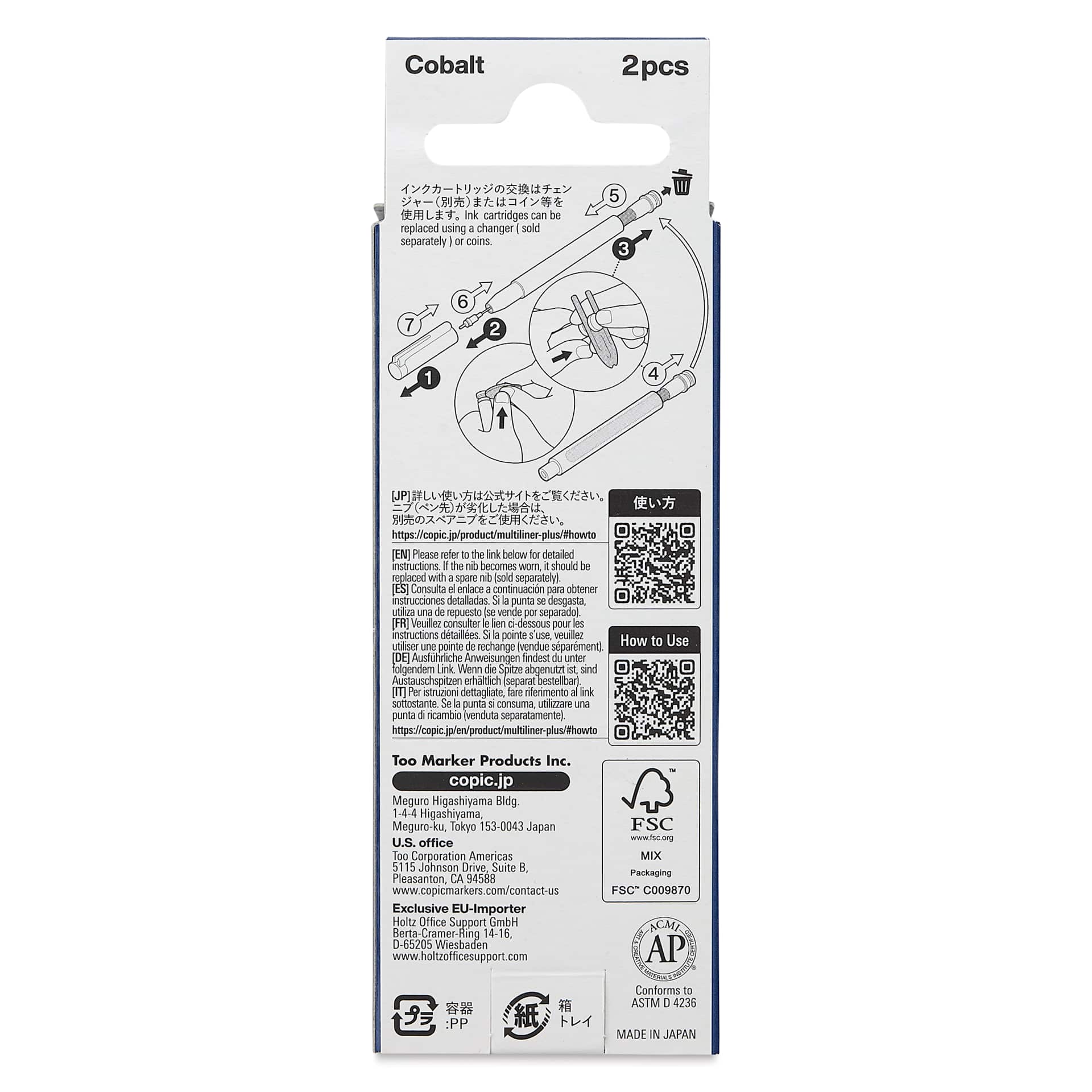Copic Multiliner Plus Ink Cartridges - Pkg of 2, Cobalt, back of packaging