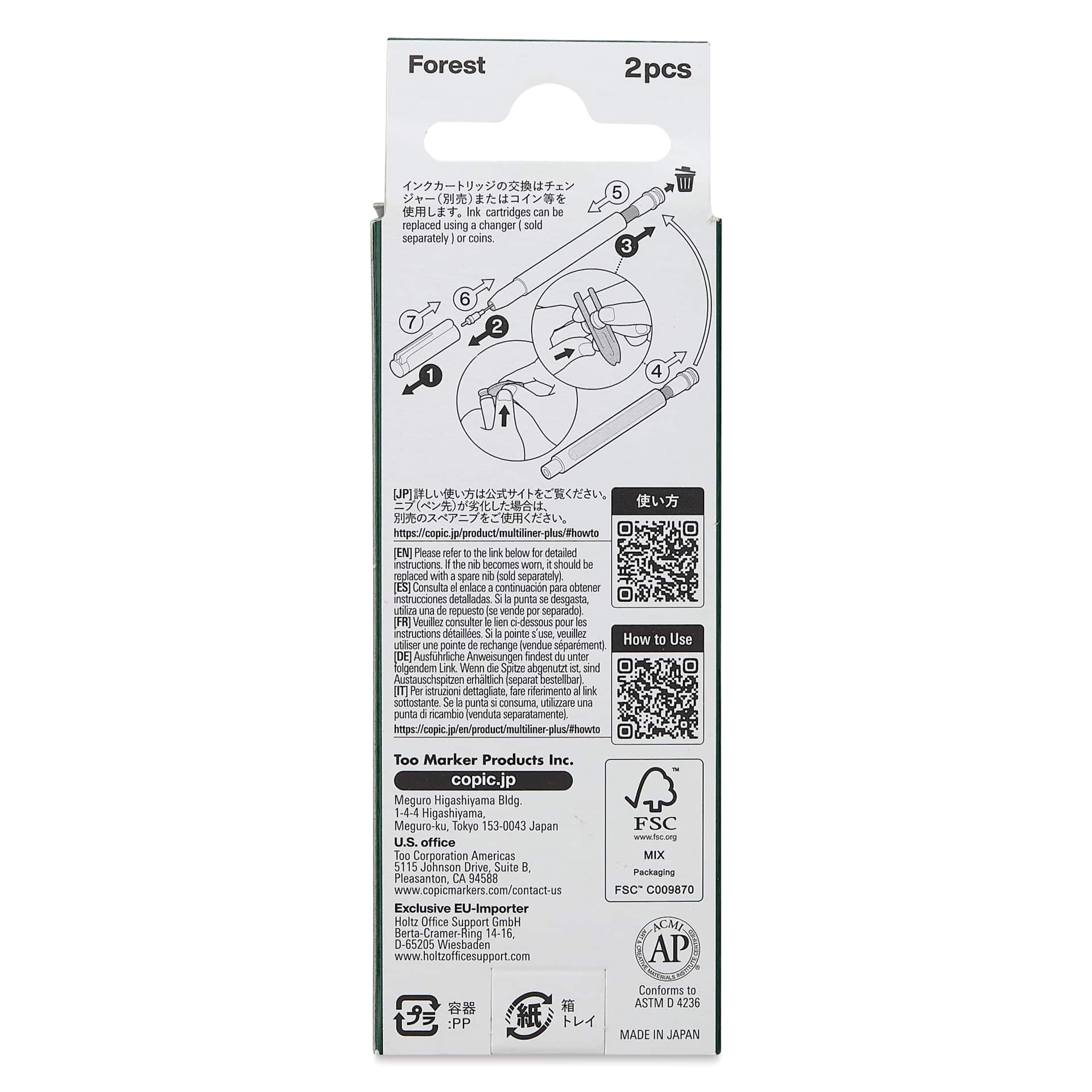 Copic Multiliner Plus Ink Cartridges - Pkg of 2, Forest, back of packaging
