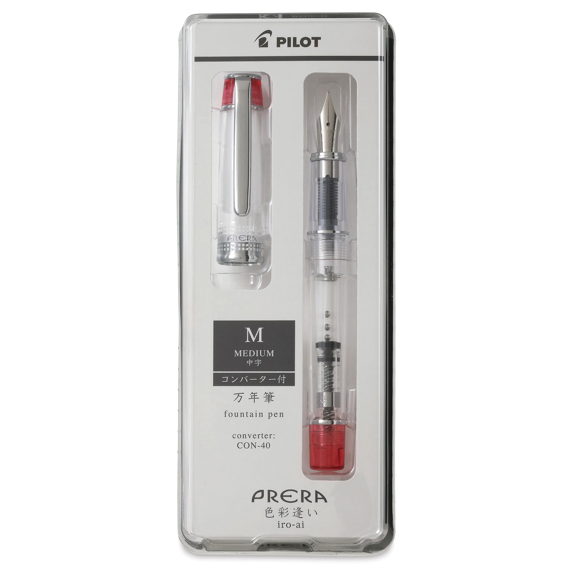 Pilot Prera Clear Fountain Pen - Red, Medium Nib, in packaging