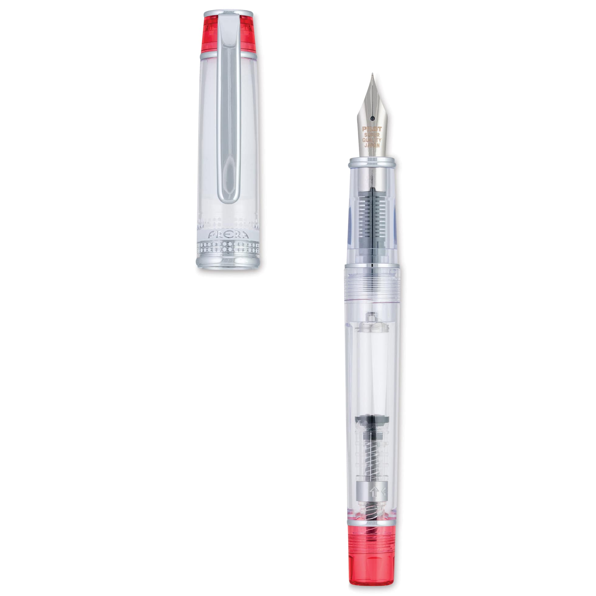 Pilot Prera Clear Fountain Pen - Red, Medium Nib, cap off (image may depcit a different style nib)