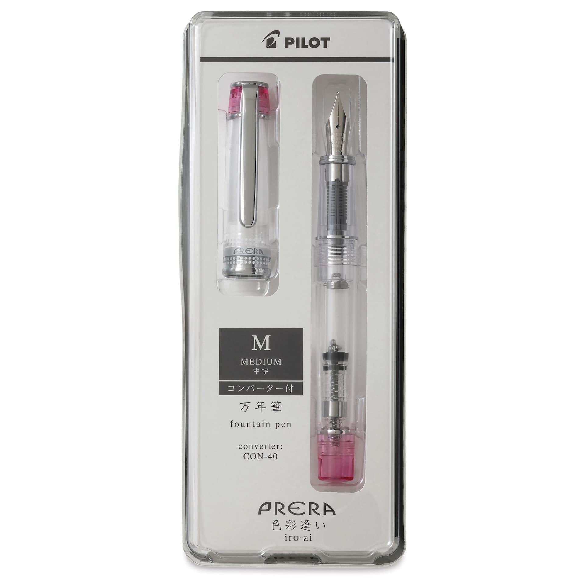 Pilot Prera Clear Fountain Pen - Pink, Medium Nib, in packaging