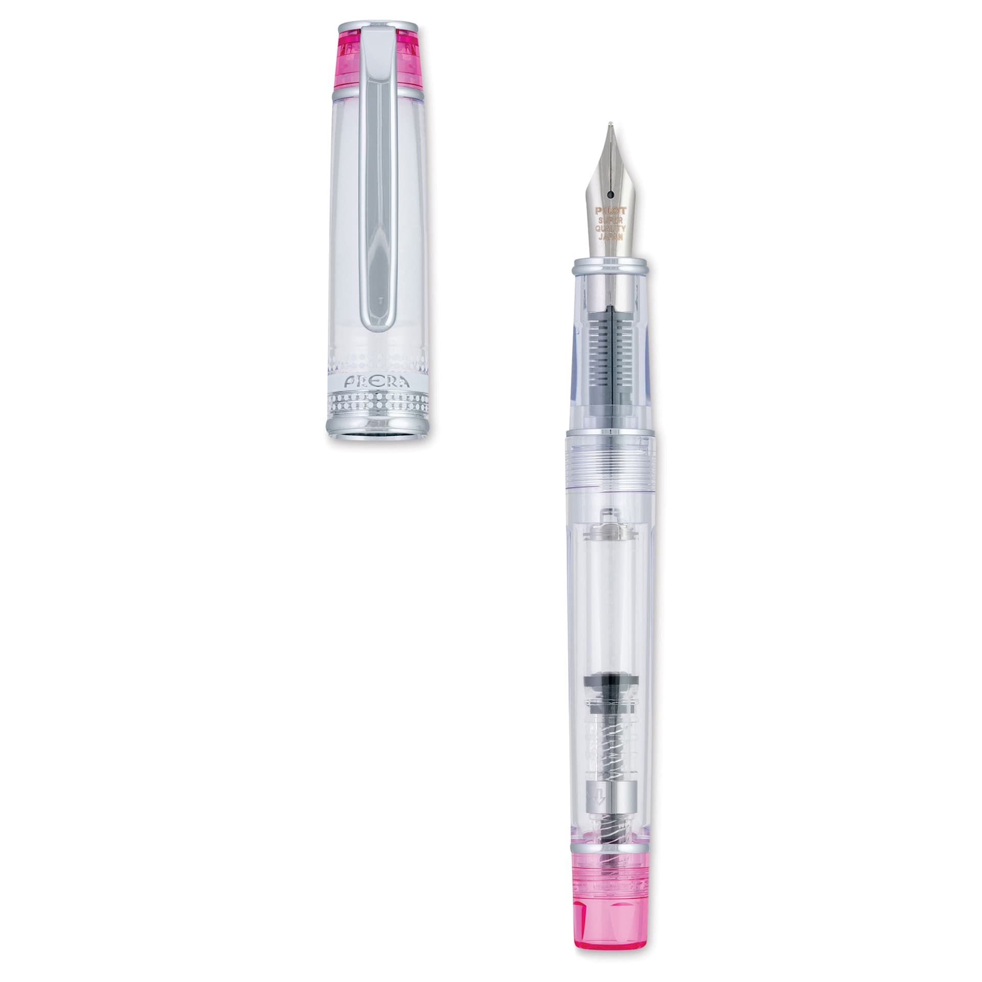 Pilot Prera Clear Fountain Pen - Pink, Medium Nib, cap off (image may depict a different style nib)