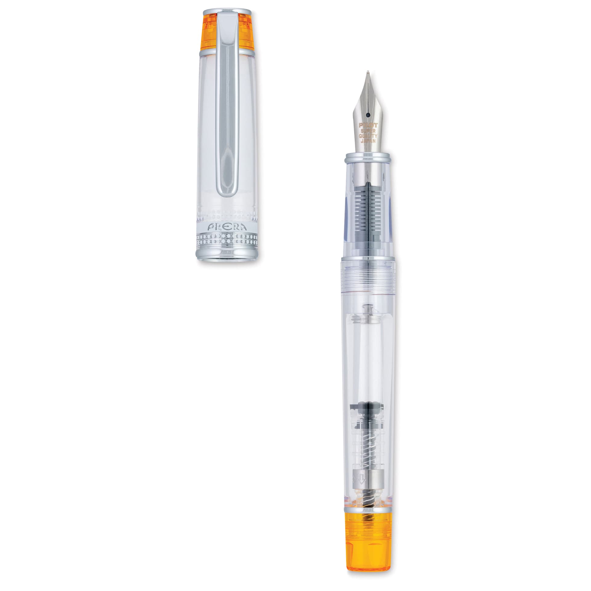 Pilot Prera Clear Fountain Pen - Orange, Medium Nib, cap off (image may depict a different style nib)