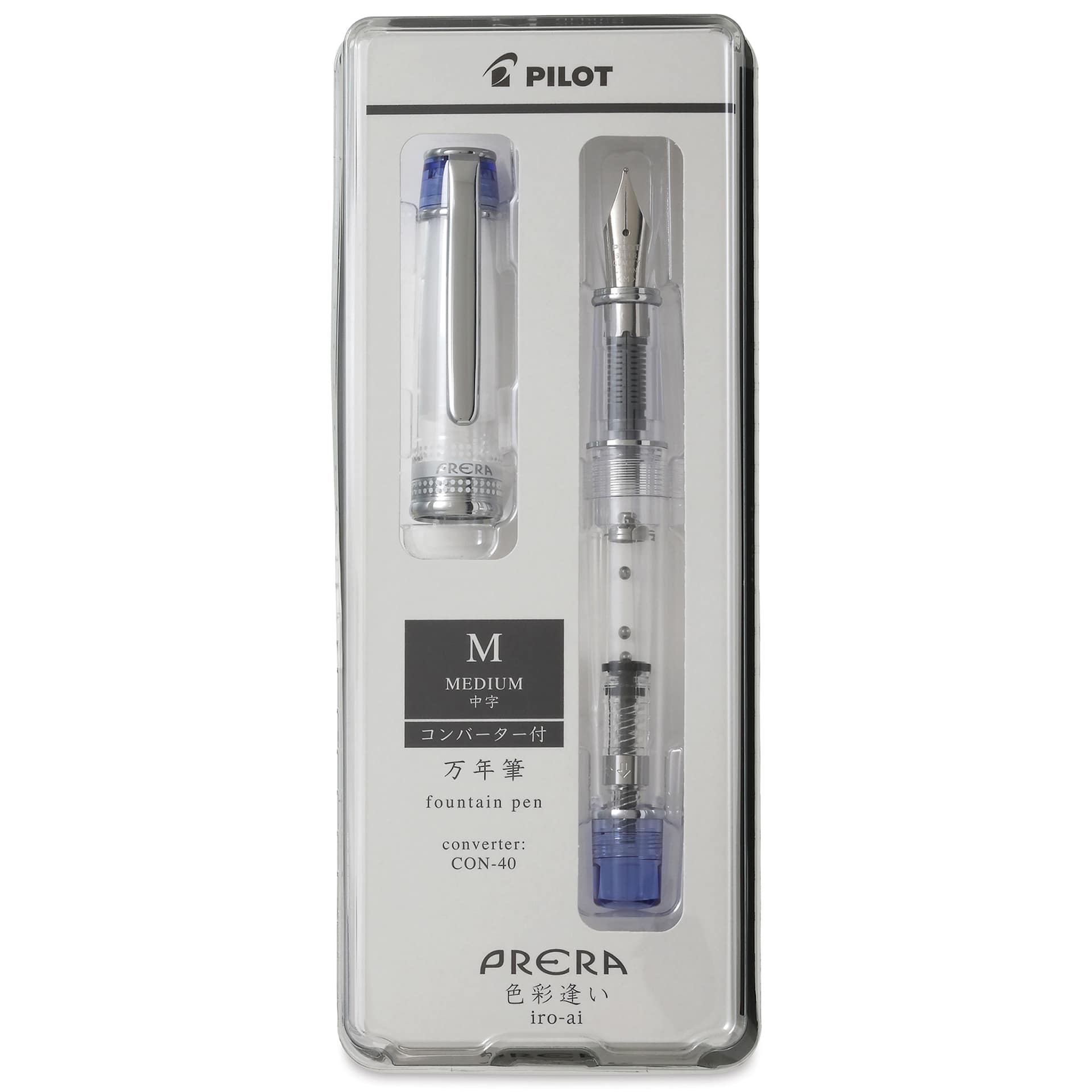 Pilot Prera Clear Fountain Pen - Blue, Medium Nib, in packaging