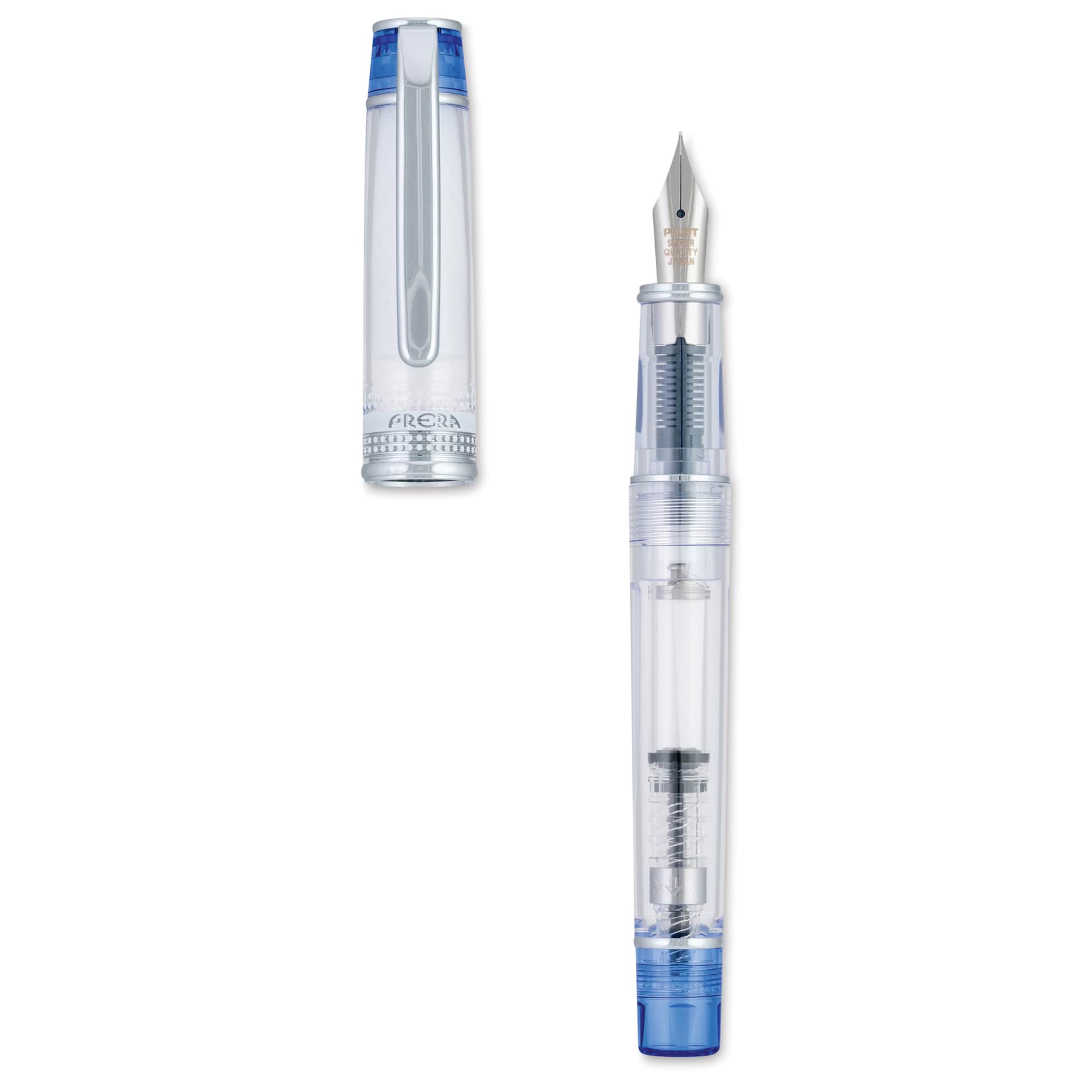 Pilot Prera Clear Fountain Pen - Blue, Medium Nib, cap off (image may depict a different style nib)