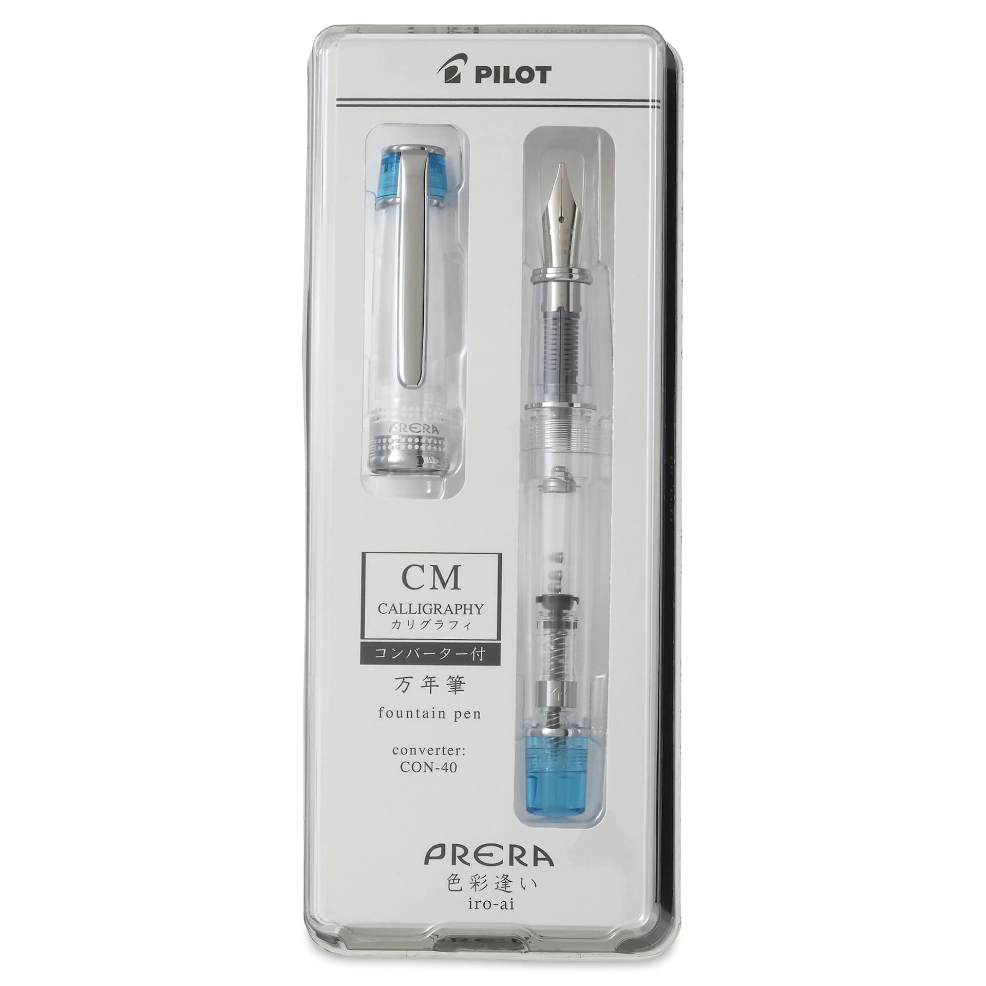 Pilot Prera Clear Fountain Pen - Light Blue, Calligraphy Nib, in packaging