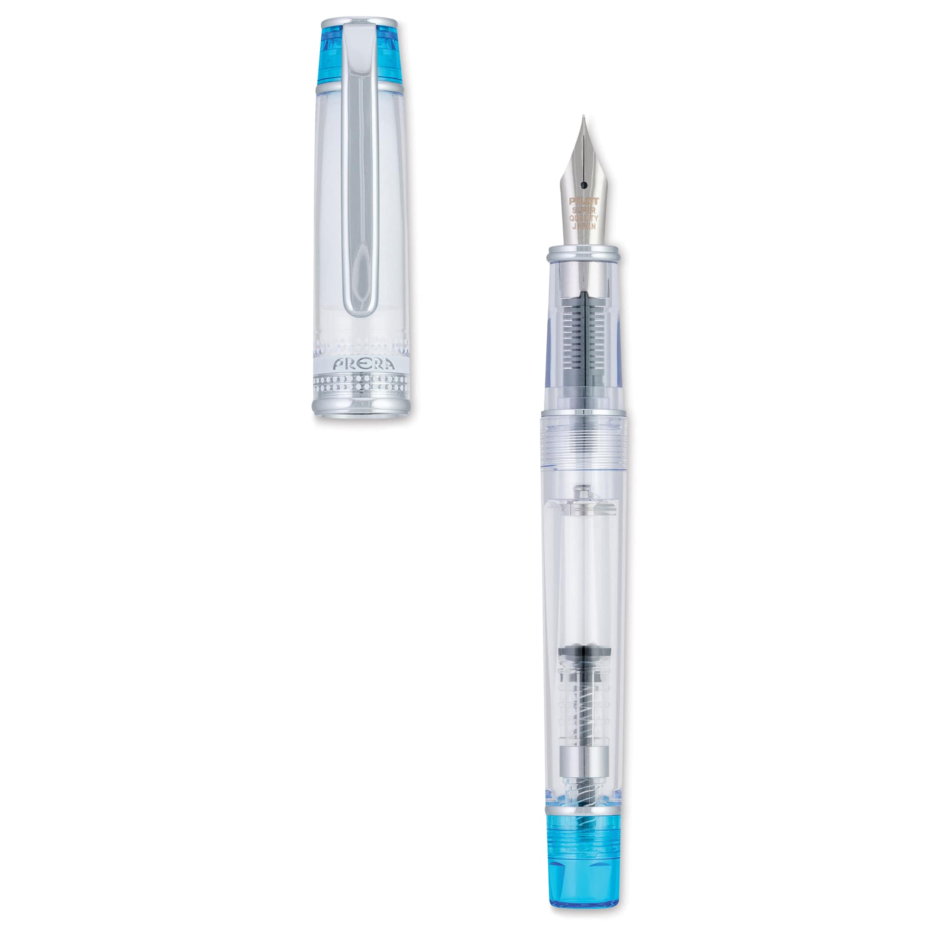 Pilot Prera Clear Fountain Pen - Light Blue, Calligraphy Nib, cap off (image may depict a different style nib)