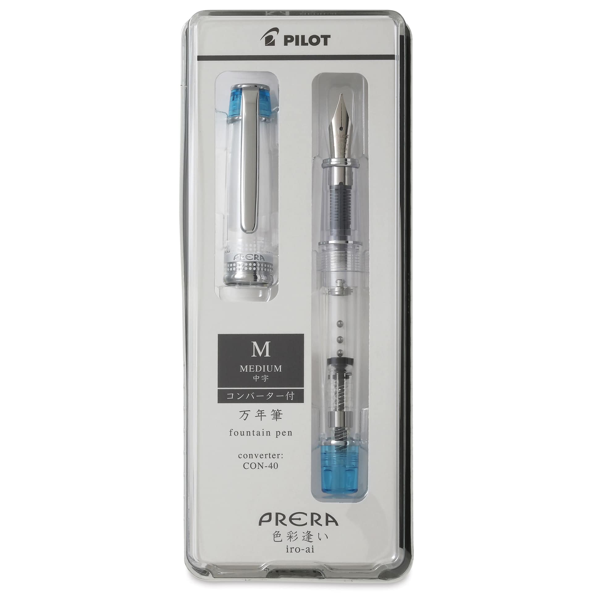 Pilot Prera Clear Fountain Pen - Light Blue, Medium Nib, in packaging