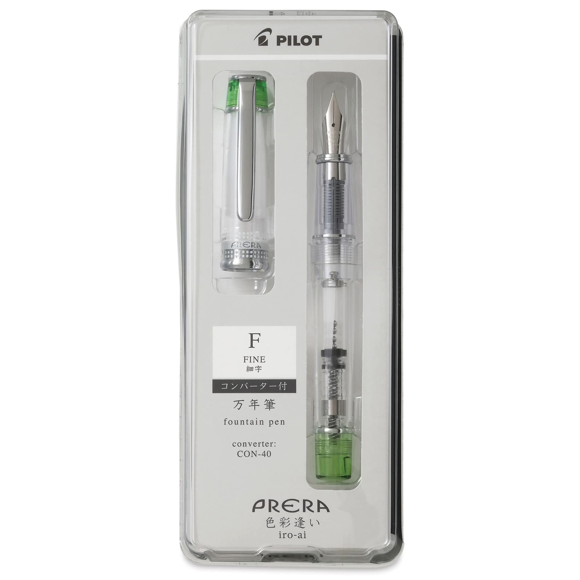 Pilot Prera Clear Fountain Pen - Light Green, Fine Nib, in packaging