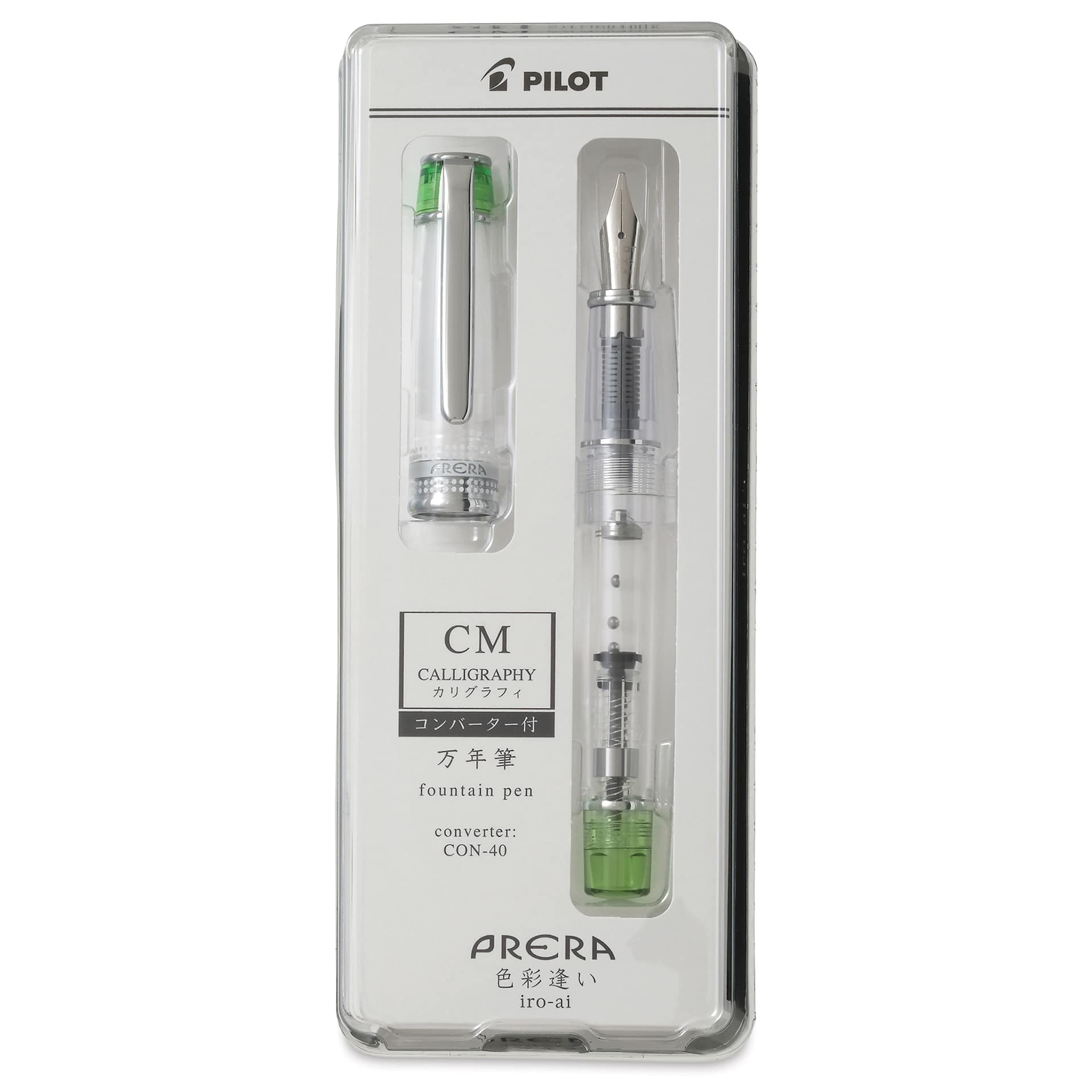 Pilot Prera Clear Fountain Pen - Light Green, Calligraphy Nib, in packaging