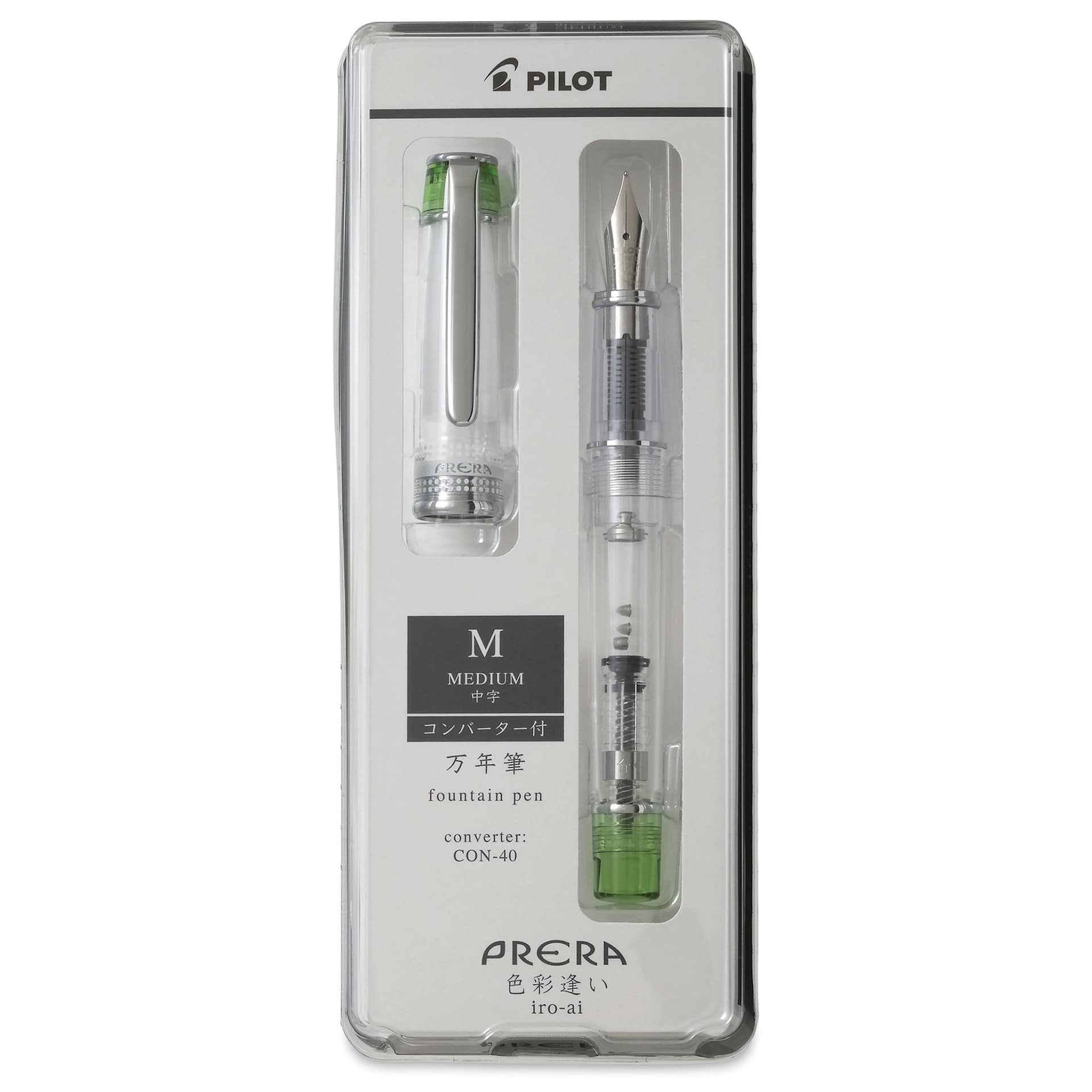Pilot Prera Clear Fountain Pen - Light Green, Medium Nib, in packaging