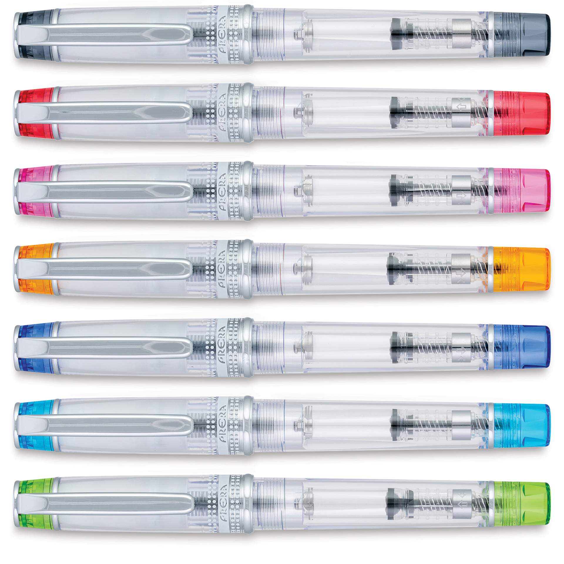 Pilot Prera Clear Fountain Pens, available colors with caps on