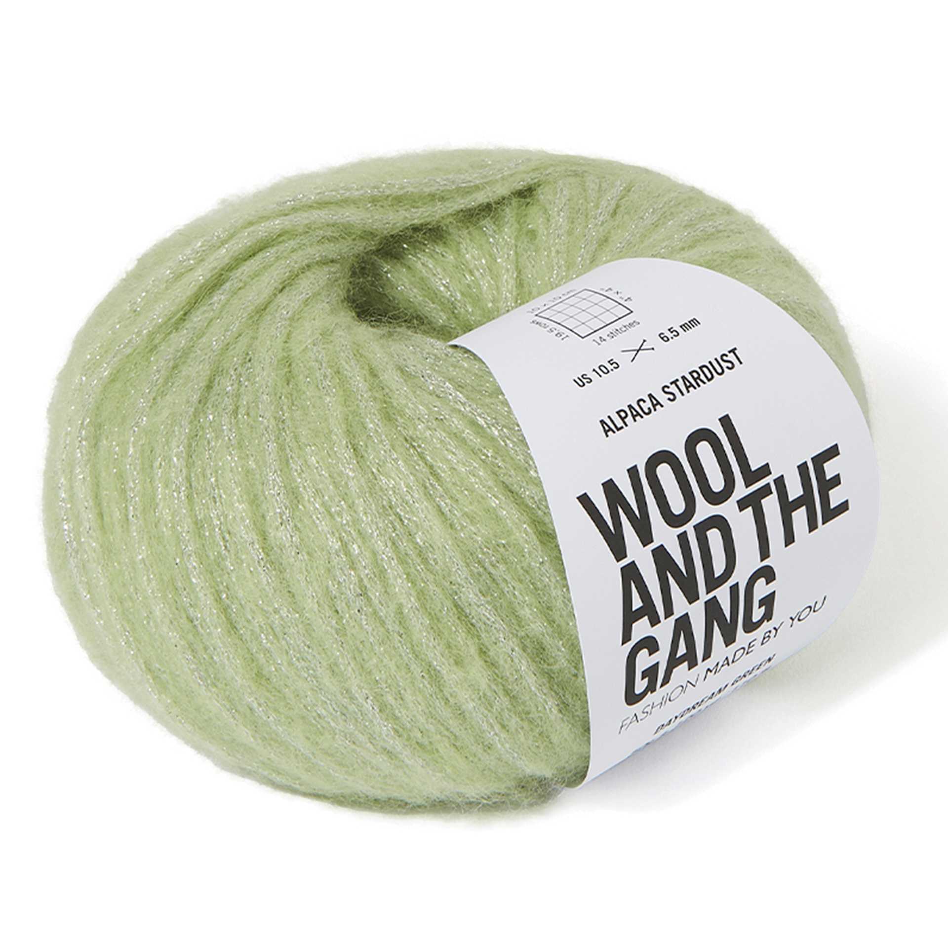 Wool and the Gang Alpaca Stardust Yarn - Daydream Green, 120 yds angled view showing top