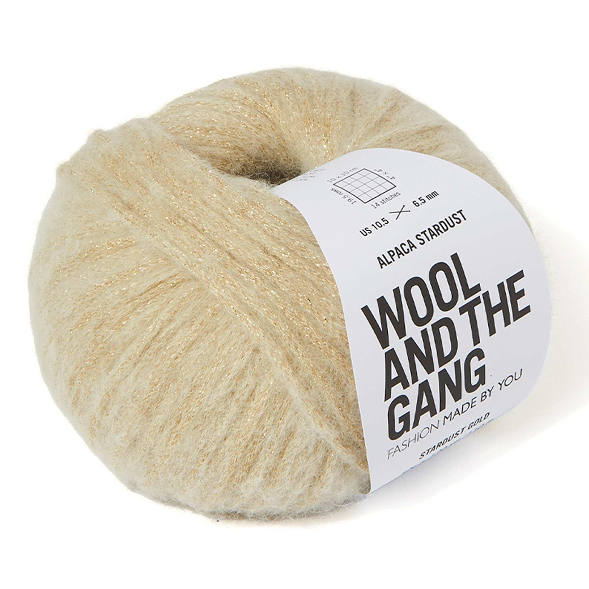 Wool and the Gang Alpaca Stardust Yarn - Stardust Gold, 120 yds angled view showing top