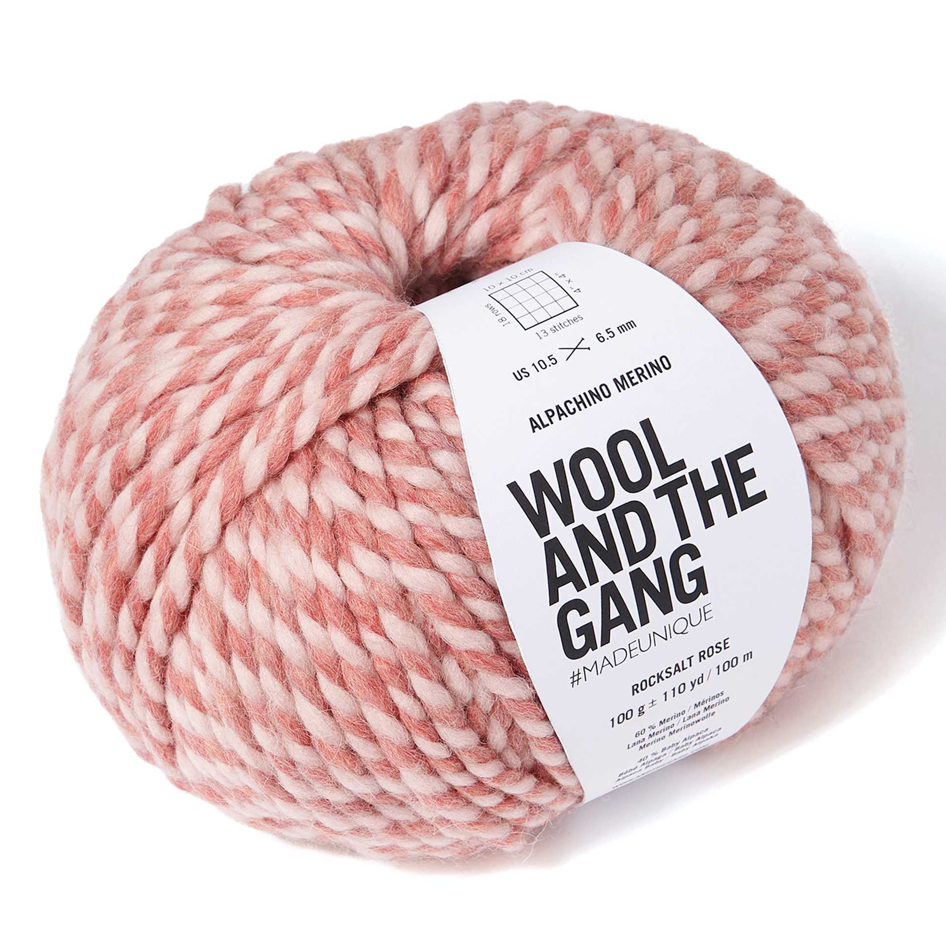 Wool and the Gang Alpachino Merino Twist Yarn - Rocksalt Rose, 110 yds angled view showing top