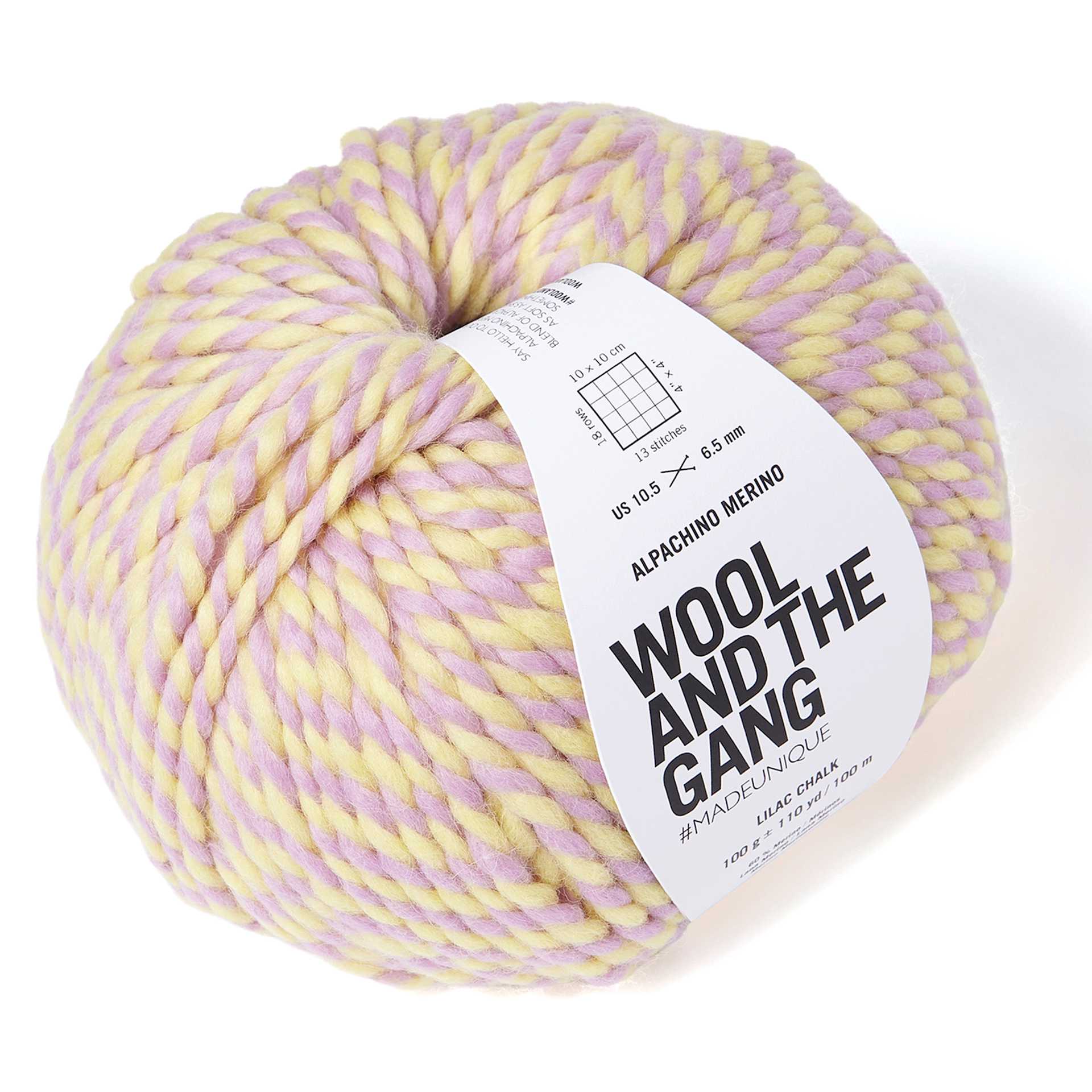 Wool and the Gang Alpachino Merino Twist Yarn - Lilac Chalk, 110 yds angled view showing top