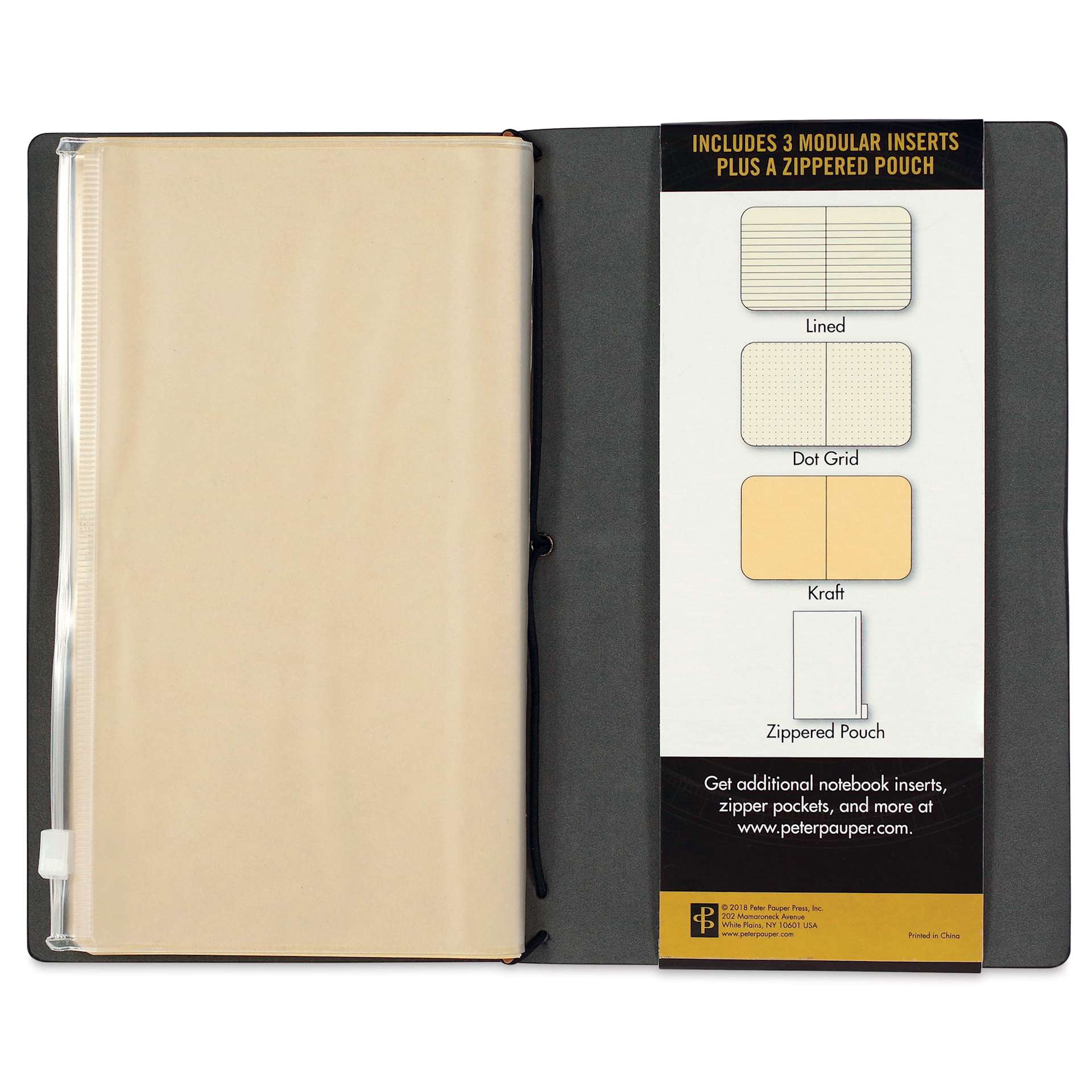 Peter Pauper Press Voyager Notebook - 4.75" x 7.9", Black, zipped pouch