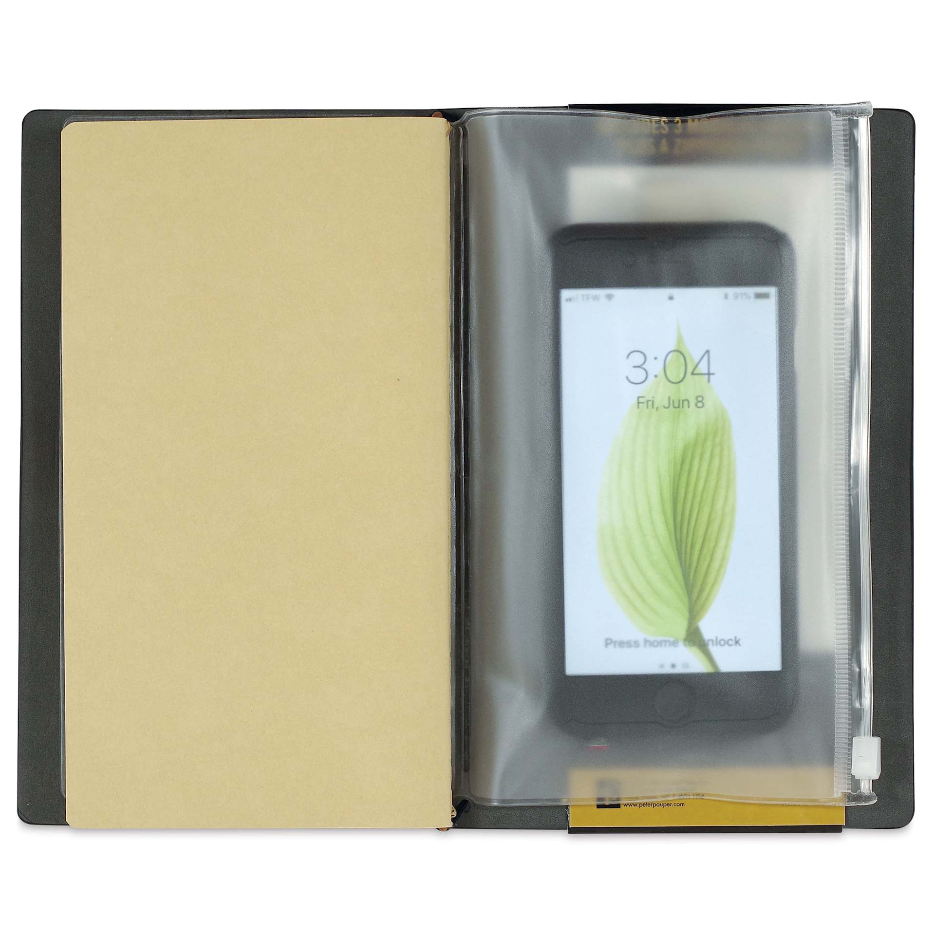 Peter Pauper Press Voyager Notebook - 4.75" x 7.9", Black, phone in zipped pouch