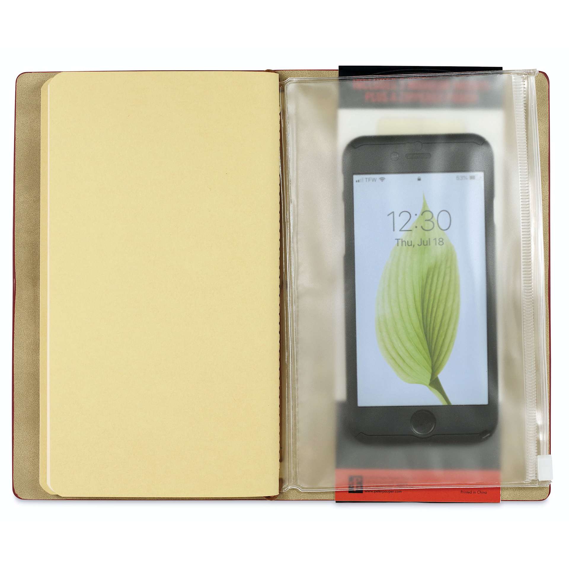 Peter Pauper Press Voyager Notebook - 4.75" x 7.9", Burgundy, phone in zipped pouch