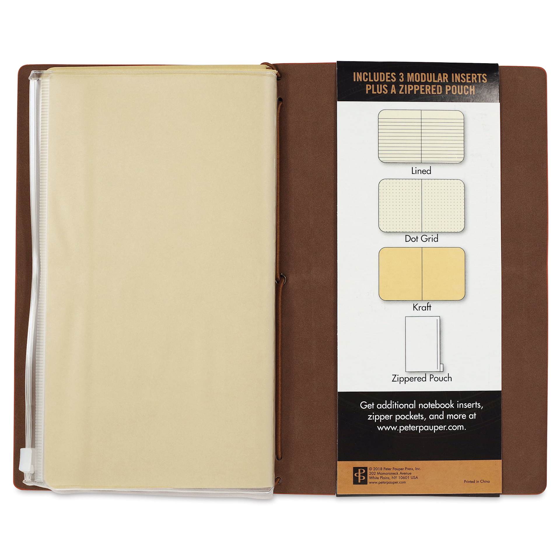 Peter Pauper Press Voyager Notebook - 4.75" x 7.9", Nutmeg, zipped pouch