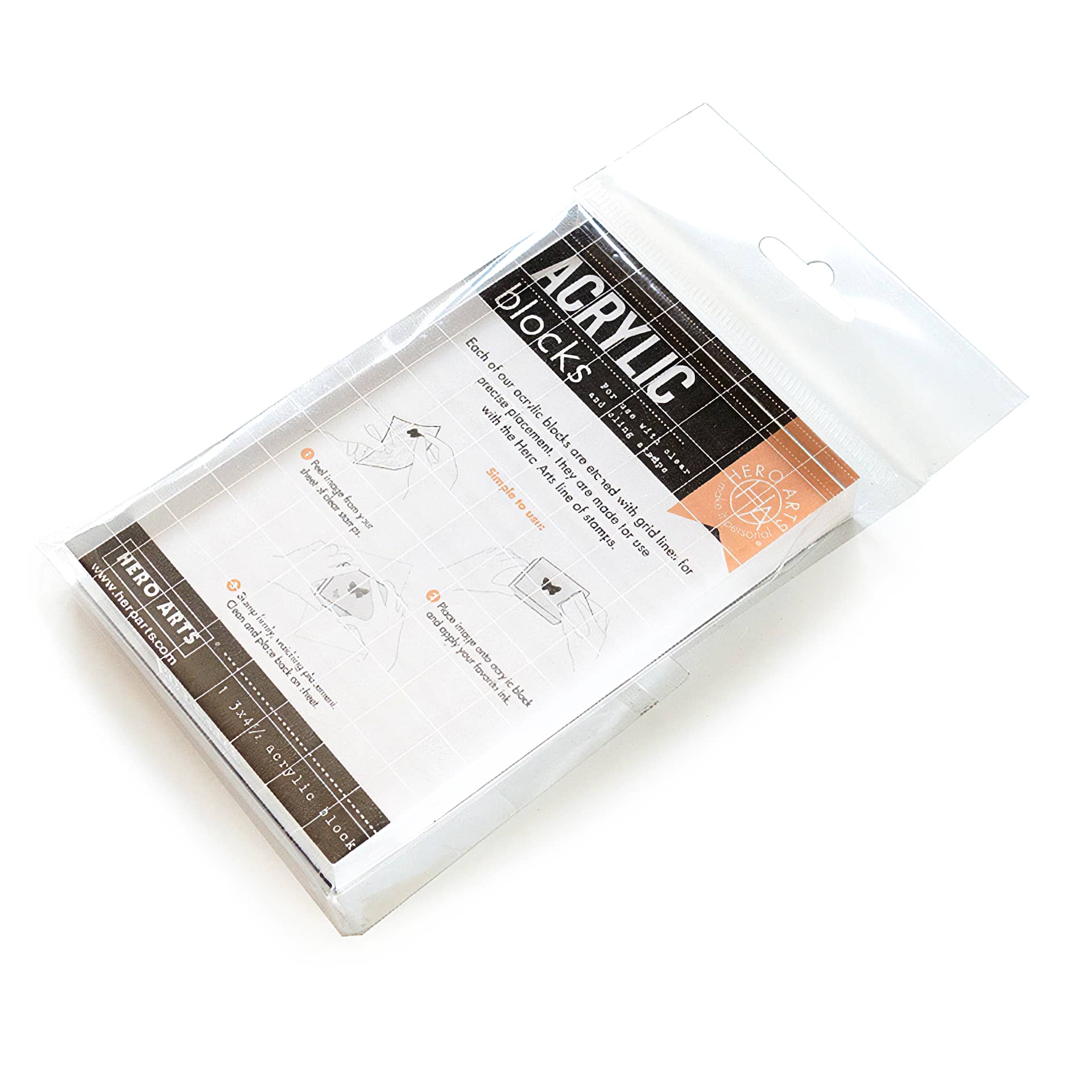 Hero Arts Acrylic Block - 3 in x 4.5 in front of packaging