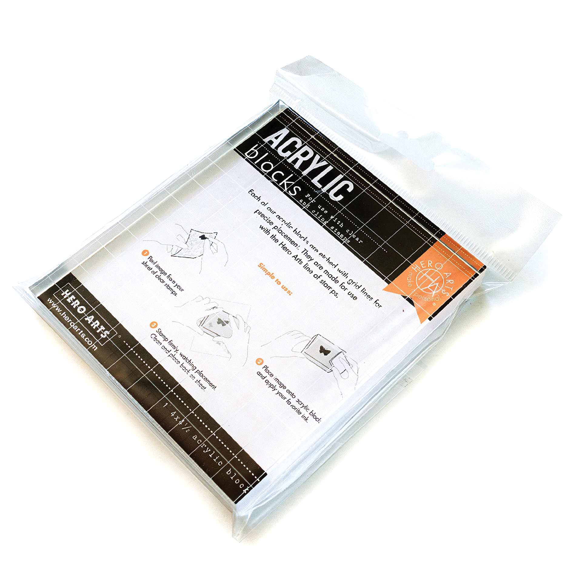 Hero Arts Acrylic Block - 4 in x 4.5 in front of packaging