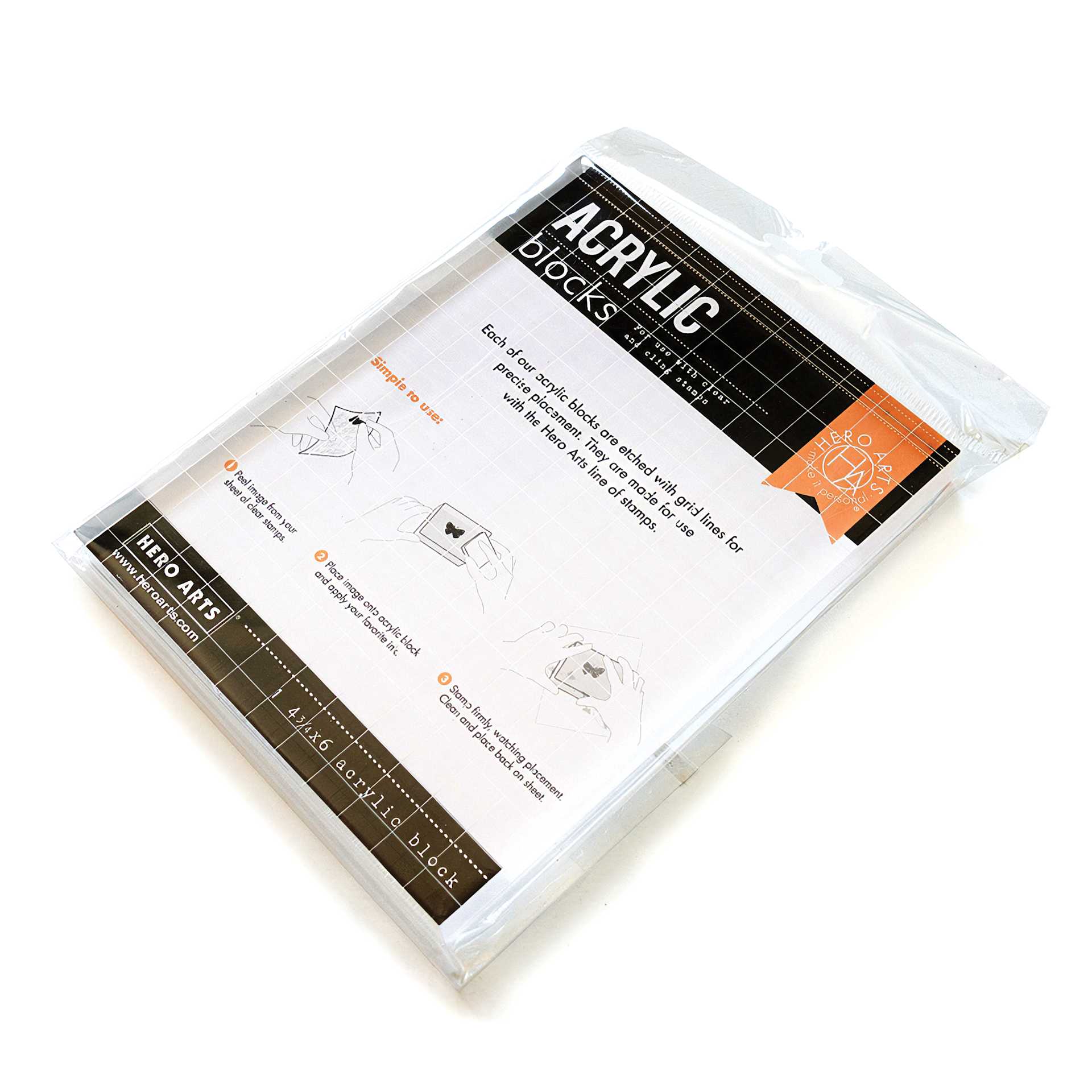 Hero Arts Acrylic Block - 4.75 in x 6 in front of packaging