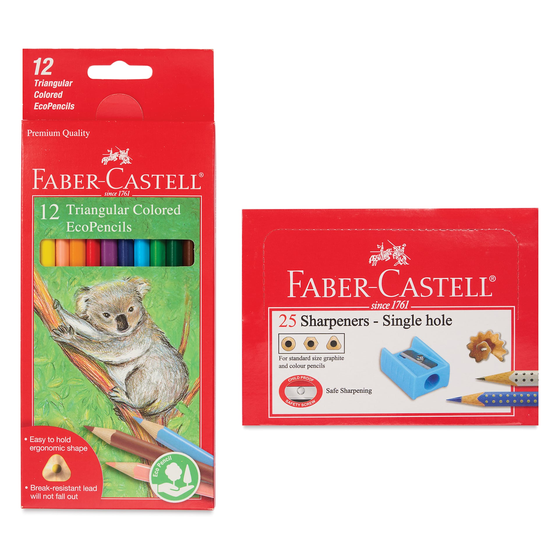 Faber-Castell Triangular Colored EcoPencils - School Pack, Set of 12 and pack of 25 sharpeners shown