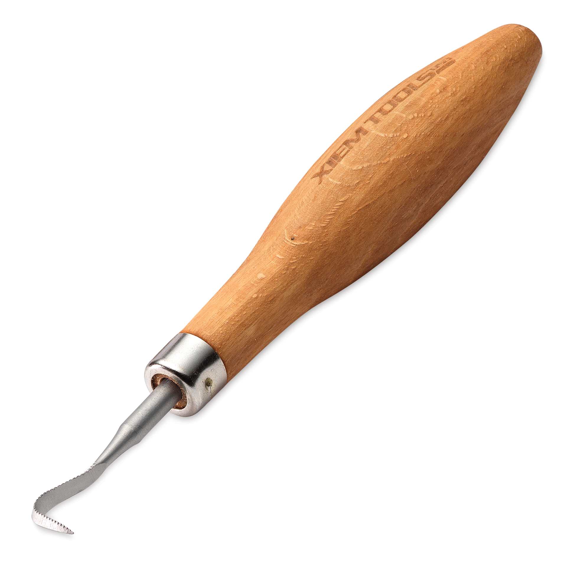 Xiem Tools Belly Hook Pro Sculptor's Rake - Small angled view showing label