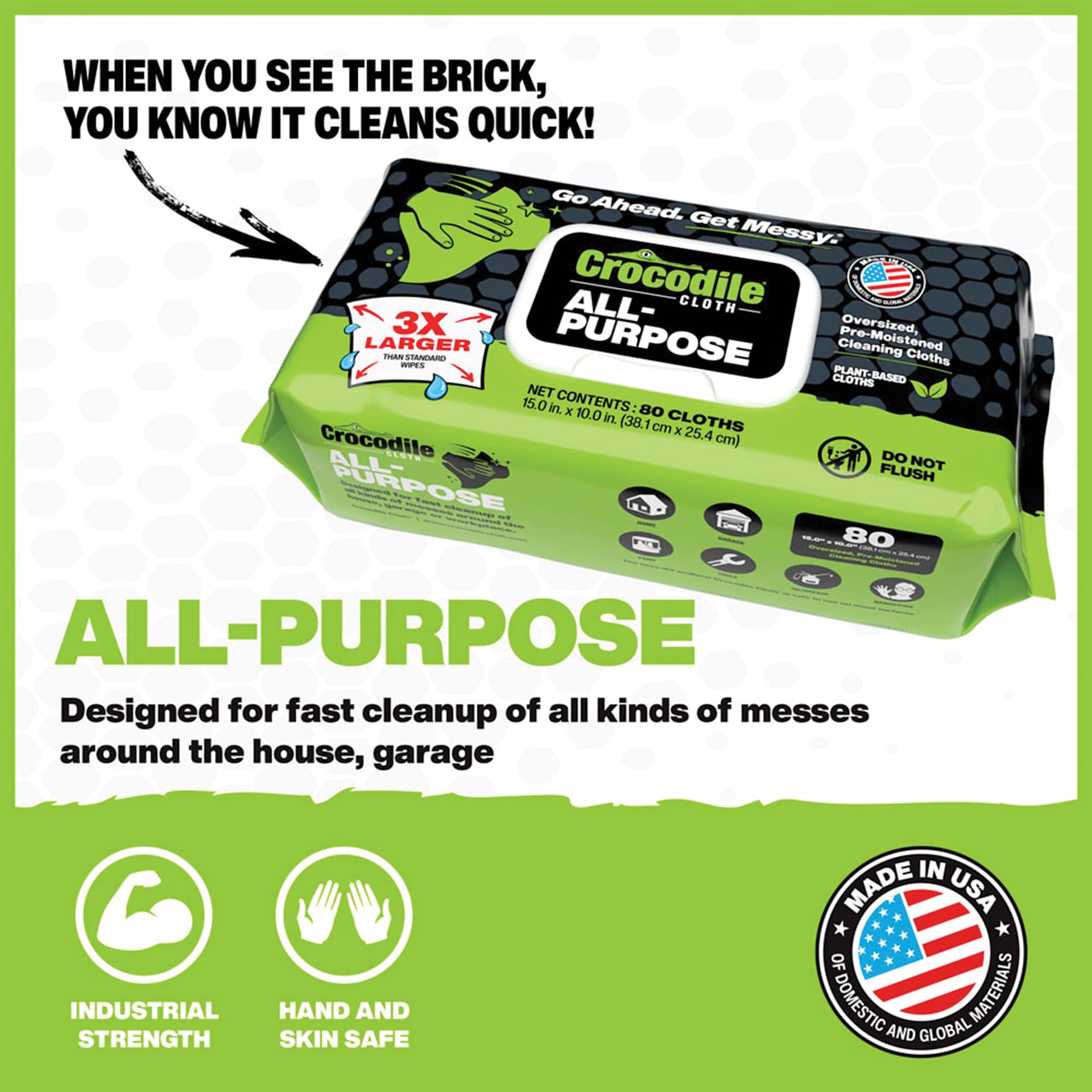 Crocodile Cloth All-Purpose Wipes Pkg of 80. When you see the brick, you know it cleans quick.  All-Purpose. Designed for fast cleanup of all kinds of meses around the house and garage.