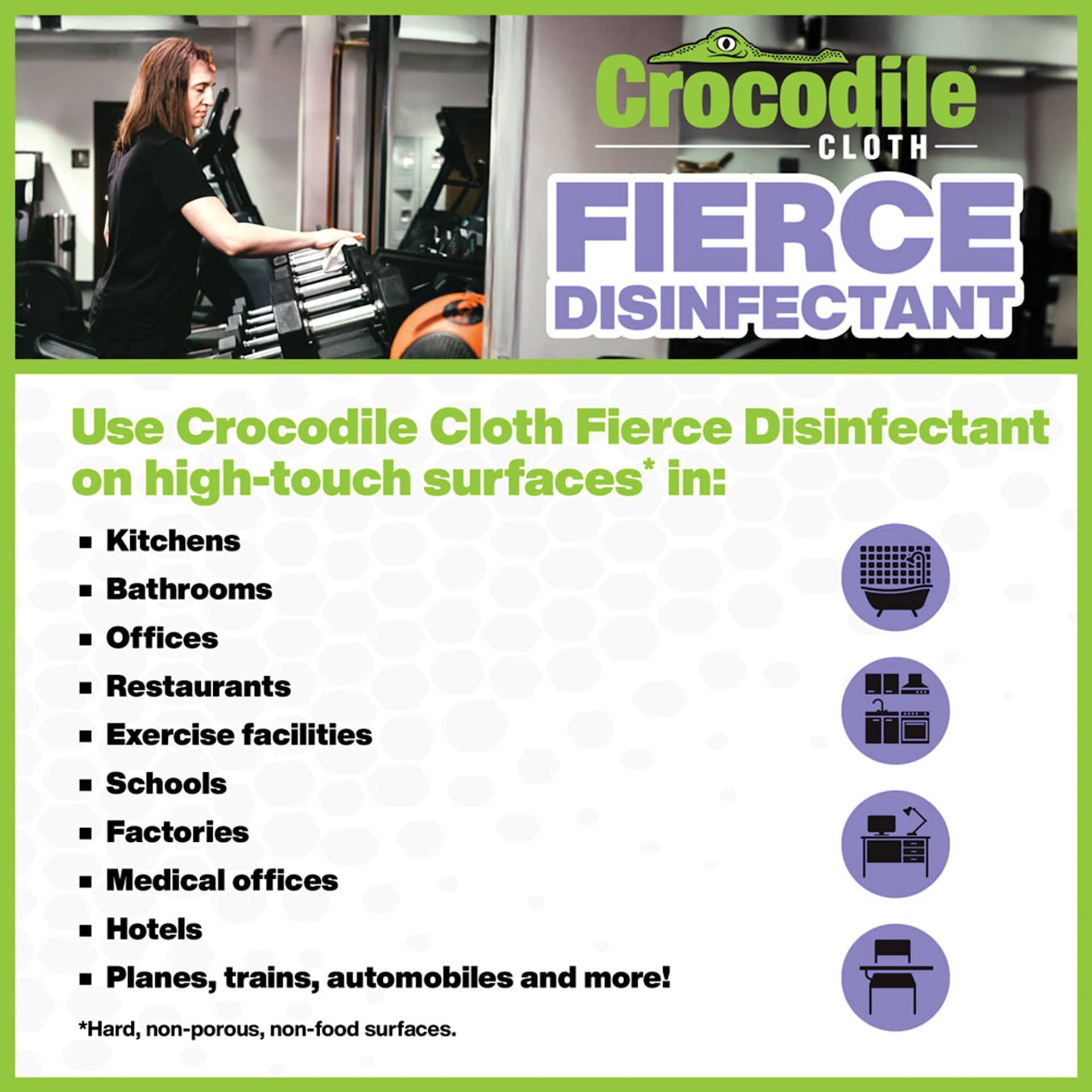 Use Crocodile Cloth Fierce Disinfectant Wipes on high-touch surfaces' in: kitchens, bathrooms, offices, restaurants, exercise facilities, schools, factories, medical offices, hotels, planes, trains, automobiles and more! 