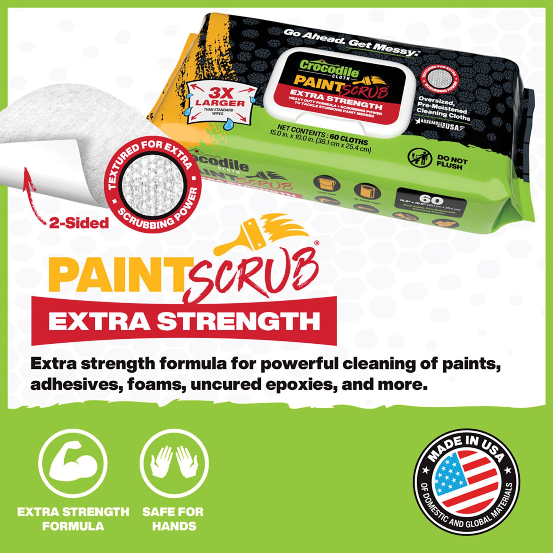 Crocodile Cloth 2-Sided Paint Scrub Wipes. Extra strength formula for powerful cleaning of paints, adhesives, foams, uncured epoxies, and more.