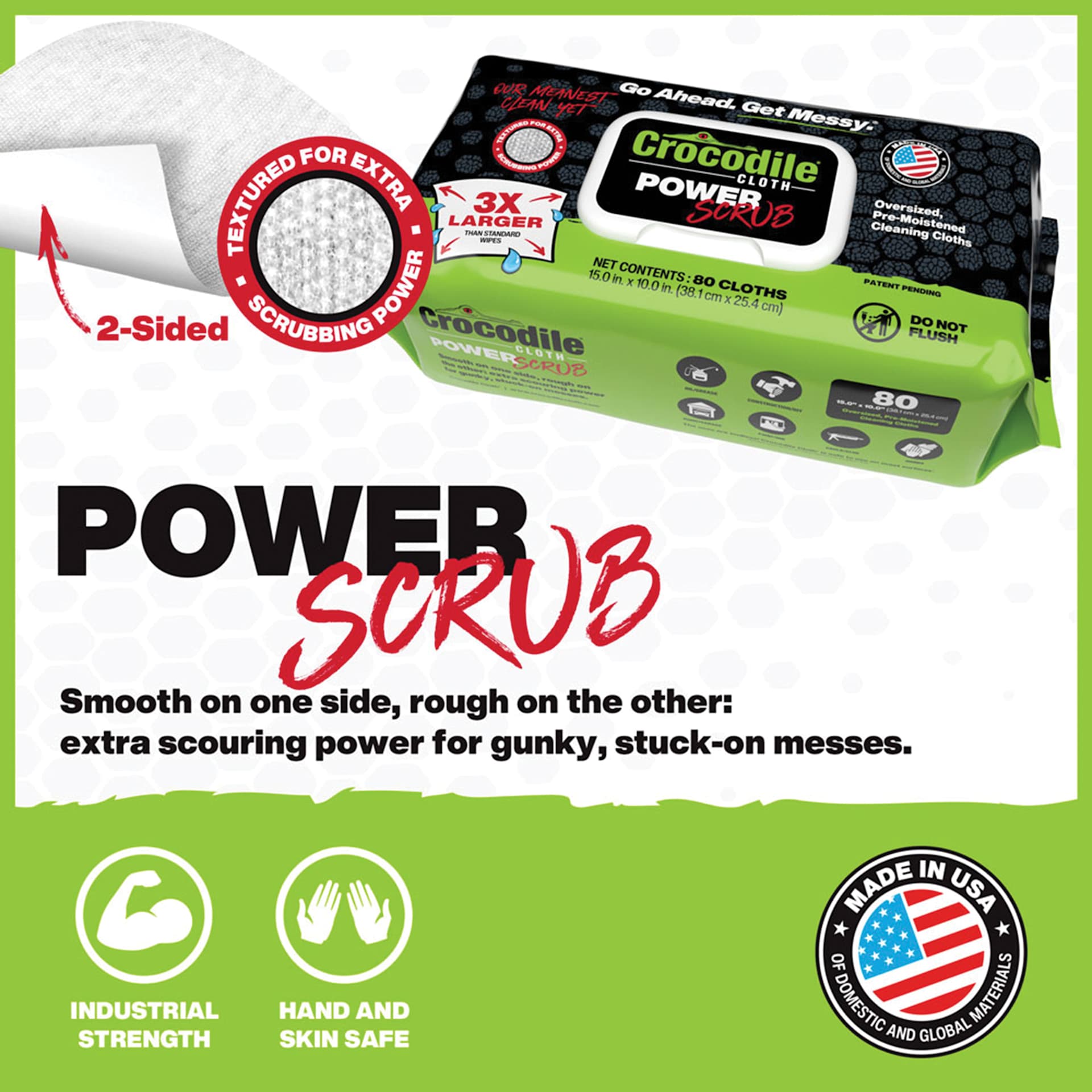 Crocodile Cloth 2-Sided Power Scrub Wipes. Smooth on one side, rough on the other: extra scouring power for gunky, stuck-on messes.