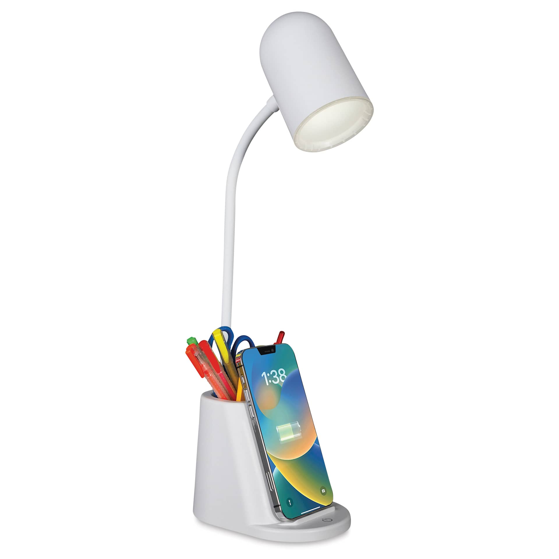 OttLite Aglow Organizer LED Desk Lamp with Wireless Charging - White, with a phone, not included